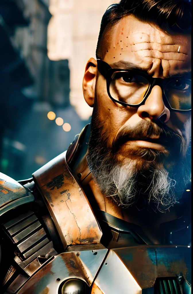 Portrait photo of muscular bearded guy whith glasses in a worn mech suit, ((light bokeh)), intricate, (steel metal [rust]), elegant, sharp focus, photo by greg rutkowski, soft lighting, vibrant colors, (masterpiece), ((streets)), (detailed face:1.2)