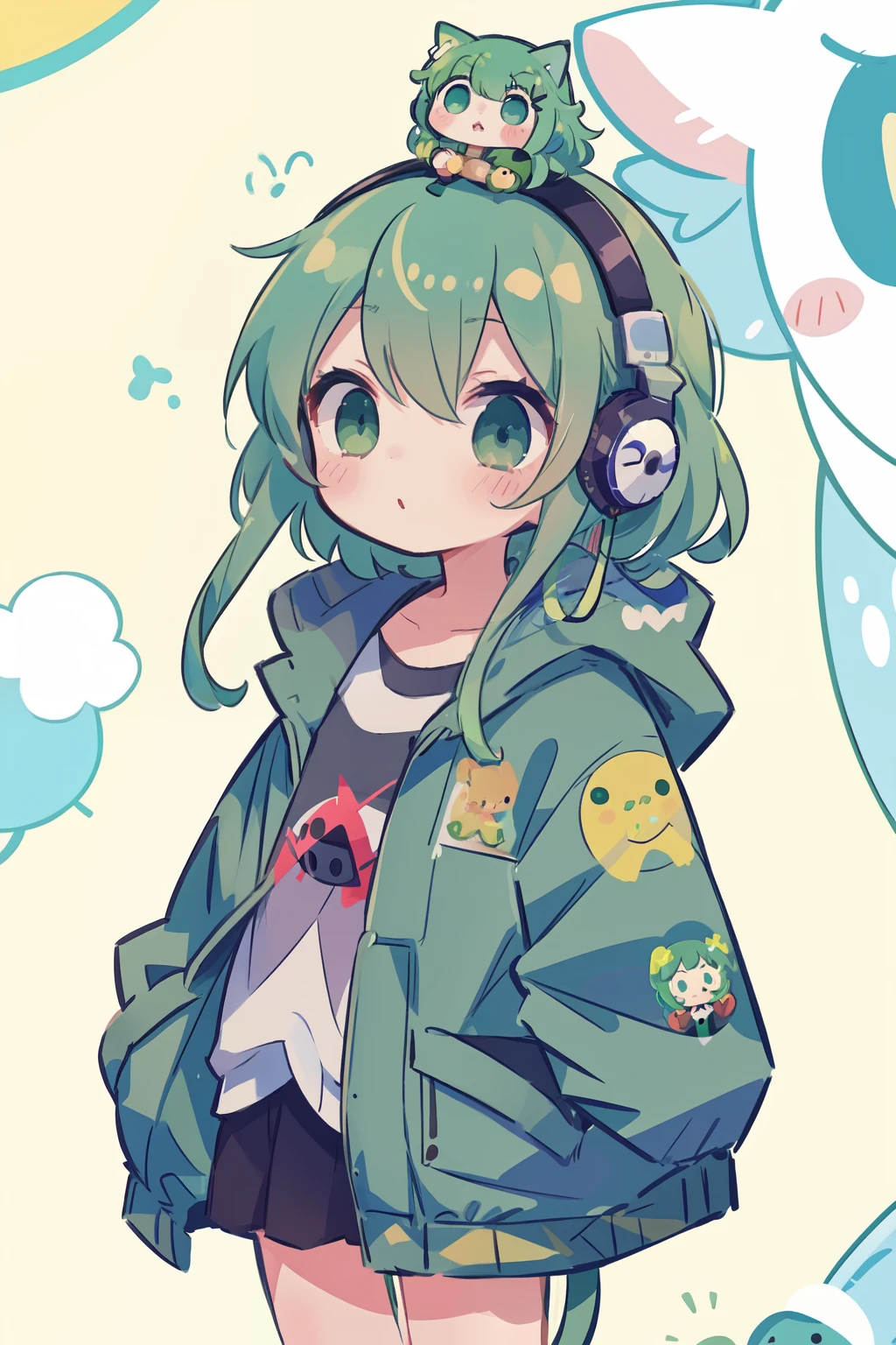 Green hair、(masutepiece、Lori、8K)cute little、Delicate eyes、parka、head phone、Background Simple、Hairy、Long、(1girl in、head phone)