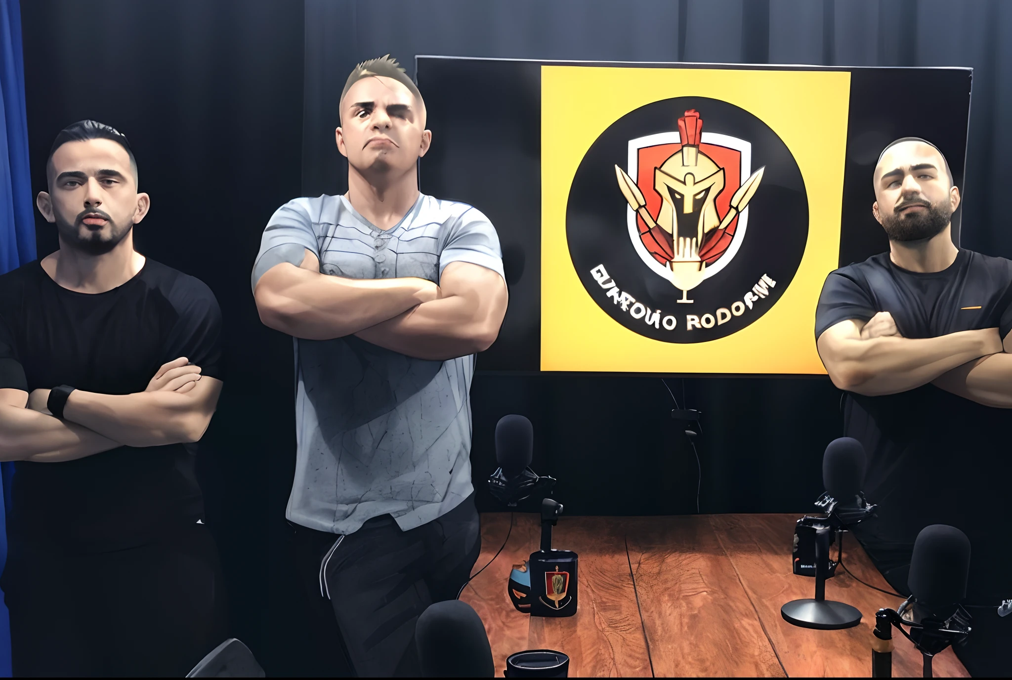 Three men in front of a microphone with a banner behind them, damian kryzwonos, Postagem no Reddit, Ronaldo Nazario, Pose dominante, by Antonio Parreiras, Ronaldo Nazario Fenomeno, Directed by: Alexander Fedosav, Vitaly Bulgarov e Mike Nash, imagem do avatar, Directed by: Nandor Soldier