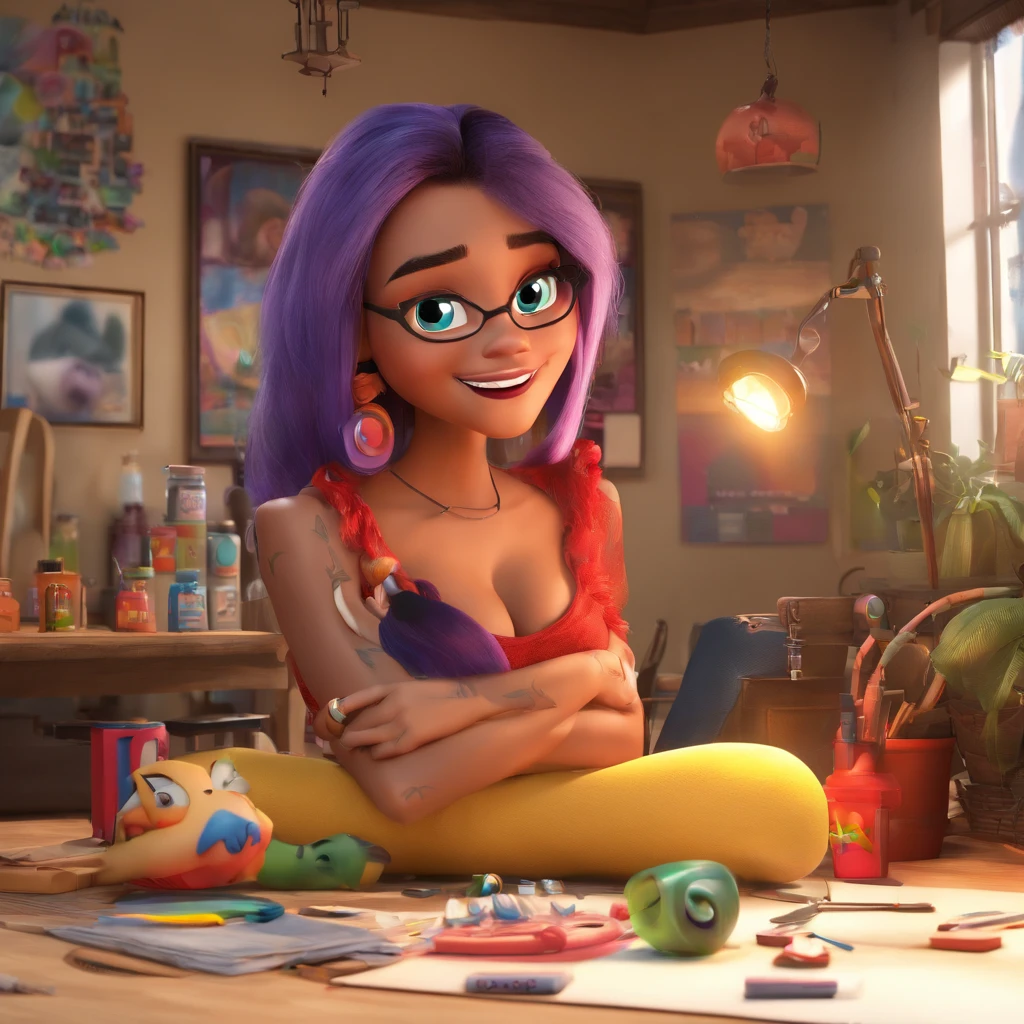 create a 3D movie poster inspired by Disney Pixar, The scene should be in Pixar's signature digital art style, com uma imagem caricatural que lembra a cantora brasileira "Anita" in the prone position, Wearing a bikini while a tattoo artist is sitting tattooing with a giant ring on one hand, inside a tattoo parlor.