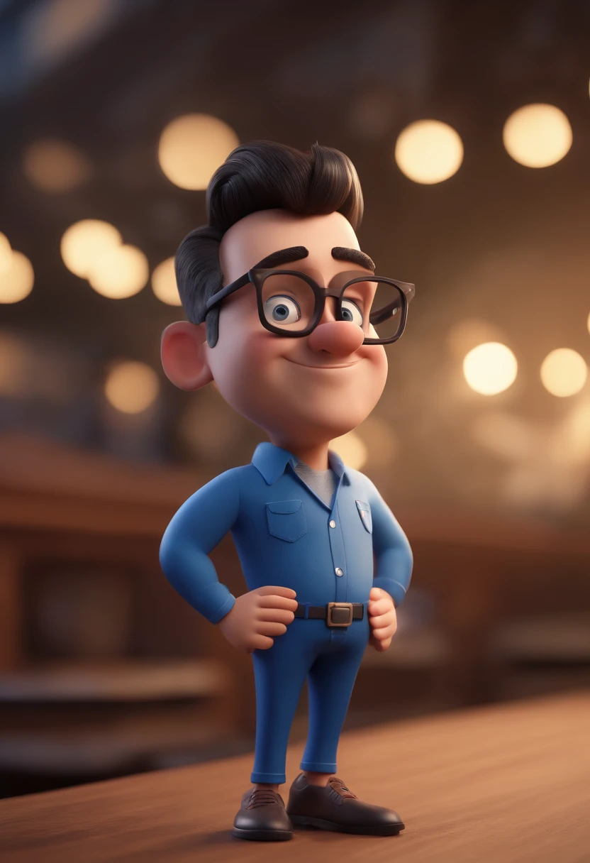 Cartoon character of a man wearing black glasses and a blue shirt, um personagem animado, Caractere estilizado, animation style rendering, 3D estilizado, Arnold Maya render, 3 d render stylized, toon render keyshot, Personagem 3D, Personagem 3D, 3d rendering stylized, 3 d character render, personagem de desenho animado, Personagem de close up, Pose de personagem, (Estilo Pixar) (master part:1.2) (Bokeh) (best quality) (pele detalhada) (textura detalhada) (8k) (argila) (Cinematic lighting) (foco nítido,Senta e vaza a parte superior do corpo