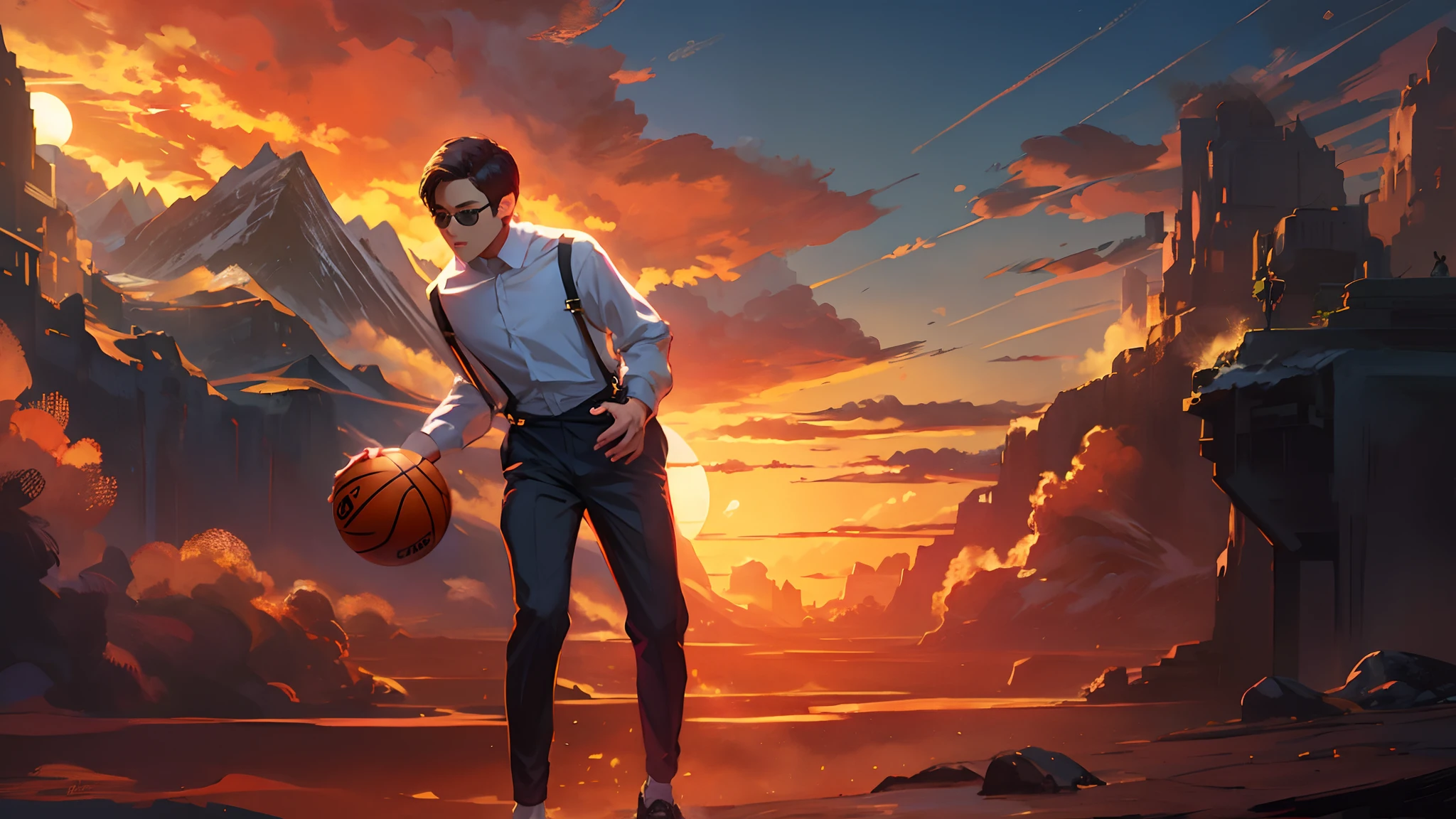 the sunset，eventide，Big Mountain，Medium short hair，Suspenders，The five fingers of human anatomy，Feet on the ground，Two hands，Two feet，basketball ball，Boy student