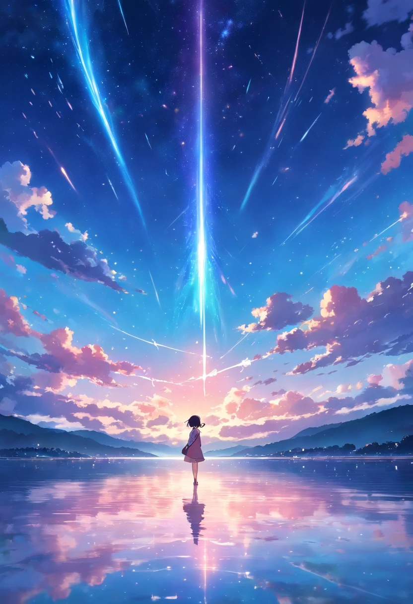 If you take a picture of a shooting star in the lake、There's two shooting stars, Estrelas Cadentes Rosa e Azul。The Blue Sky, which is the surface of the pink-purple lake,、It has a layered color change。You can do it cinematic style、Fundos de anime、fundo do filme anime、Perfect Reflection Effect、anime sky、amazing wallpapers、Cores vivas、Cores vivas、Nomeie-o como uma cor brilhante。You name it、fundo colorido do filme anime、nuvens de anime、Casa、bilding、sem navios。bela cena de anime、arte de fundo do anime、cosmic sky。Autores:Directed by: Shinkai Makoto、Nice art style、Beautiful Peaceful Scenes in Anime、atmospheric anime、A girl extending a distant hand