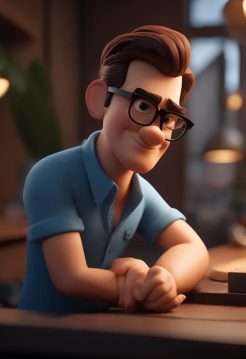 Cartoon character of a man with black glasses and a blue shirt, animation character, Caractere estilizado, animation style rendering, 3D estilizado, Arnold Maya render, 3 d render stylized, toon render keyshot, Personagem 3D, Personagem 3D, 3d rendering stylized, 3 d character render, personagem de desenho animado, Personagem de close up, Pose de personagem,  (Estilo Pixar) (master part:1.2) (Bokeh) (best quality) (pele detalhada) (textura detalhada) (8k) (argila) (Cinematic lighting) (foco nítido