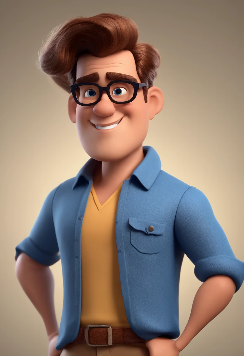 Cartoon character of a man with black glasses and a blue shirt, animation character, Caractere estilizado, animation style rendering, 3D estilizado, Arnold Maya render, 3 d render stylized, toon render keyshot, Personagem 3D, Personagem 3D, 3d rendering stylized, 3 d character render, personagem de desenho animado, Personagem de close up, Pose de personagem,  (Estilo Pixar) (master part:1.2) (Bokeh) (best quality) (pele detalhada) (textura detalhada) (8k) (argila) (Cinematic lighting) (foco nítido