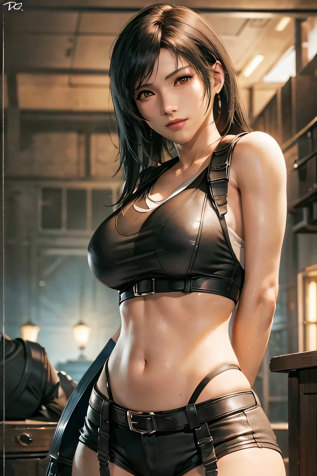 (masterpiece), (best quality), 8k resolution, ultra-detailed, hyper-detailed, realistic, photograph, photorealism, (1girl), Tifa, final fantasy, Tifa Lockhart, sun light, cinematic, cool pose, black hair, D cup, perfect body