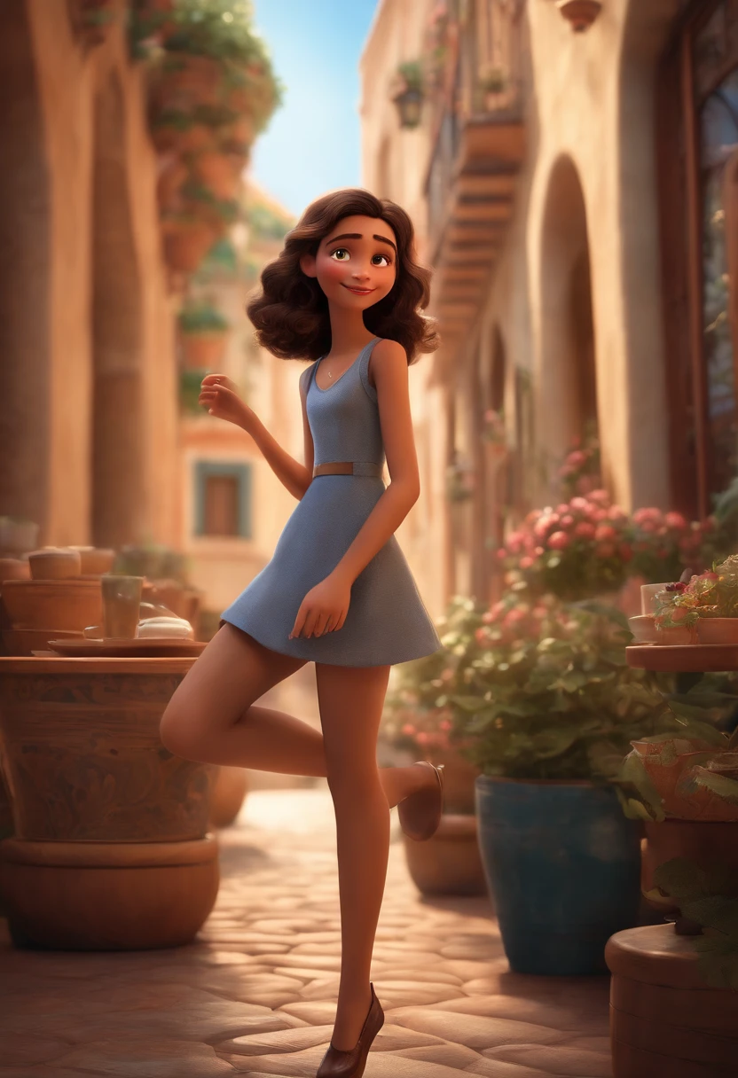 Image of a skinny girl café au lait, medium dark brown hair for a story in a YouTube video in Pixar format, She's a dancer, She's the best dancer in the class, She's outgoing, Brincalhona levanta-se para um monte de coisas