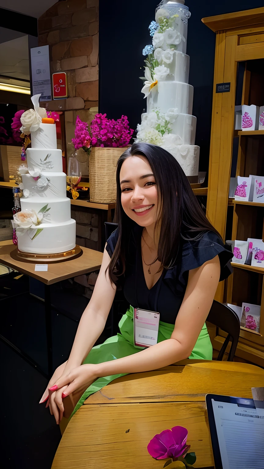 Woman sitting at a table with a cake in front of her