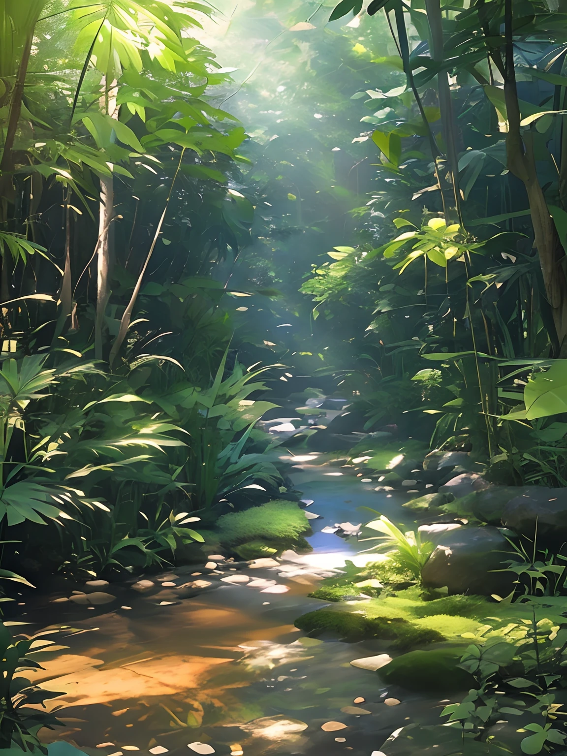 Digital illustration, Detailed and intricate, There is a creek in the middle of the dense jungle，There are a lot of pebbles in the creek。Sunlight penetrates the leaves，Leave mottled light and shadow