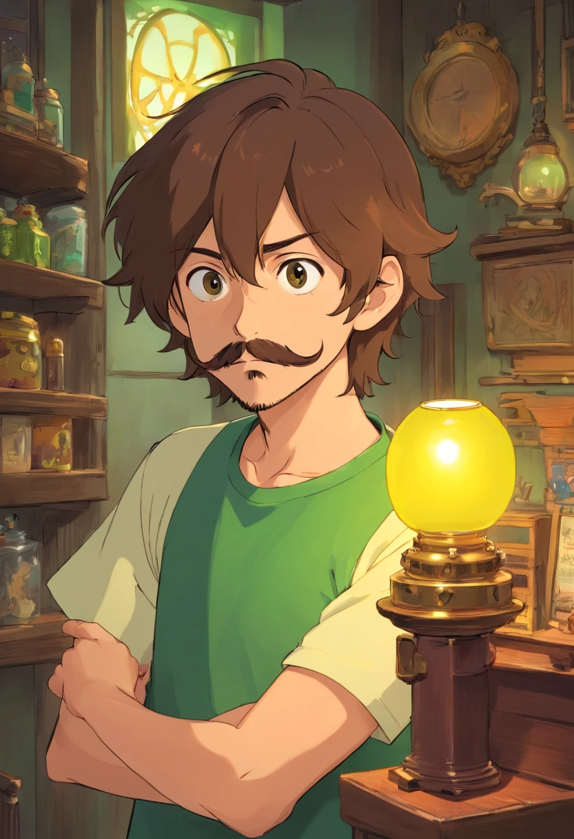 1 homem jovem, long hair very long medium size brown, olhos verdes, magro, ombros largos, bigode grande bigode bigode mustache bigode lampshade, maxilar marcado