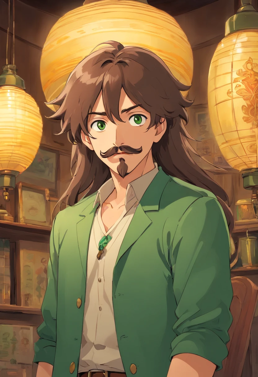1 homem jovem, long hair very long medium size brown, olhos verdes, magro, ombros largos, bigode grande bigode bigode mustache bigode lampshade, maxilar marcado