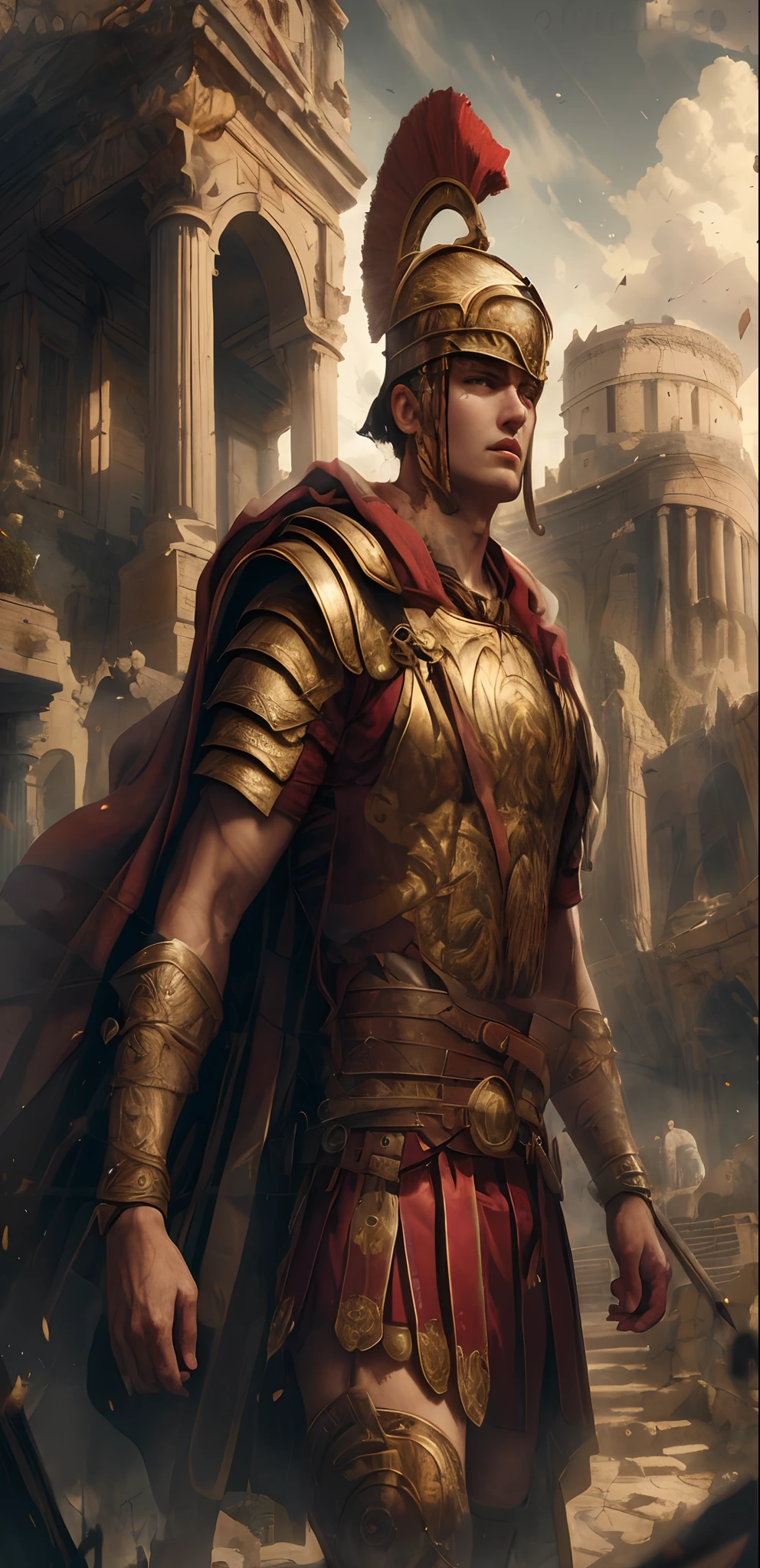 A man in Roman armor in front of a building, Graphic artist Magali Villeneuve, estilo de arte de marc simonetti, Marc _ Simonetti, Magali Villeneuve», inspirado em Roman Bezpalkiv, Estilo de Marc Simonetti, Wojtek FUS, Marcos Simonetti. intrincado, Directed by: Roman Bezpalkiv