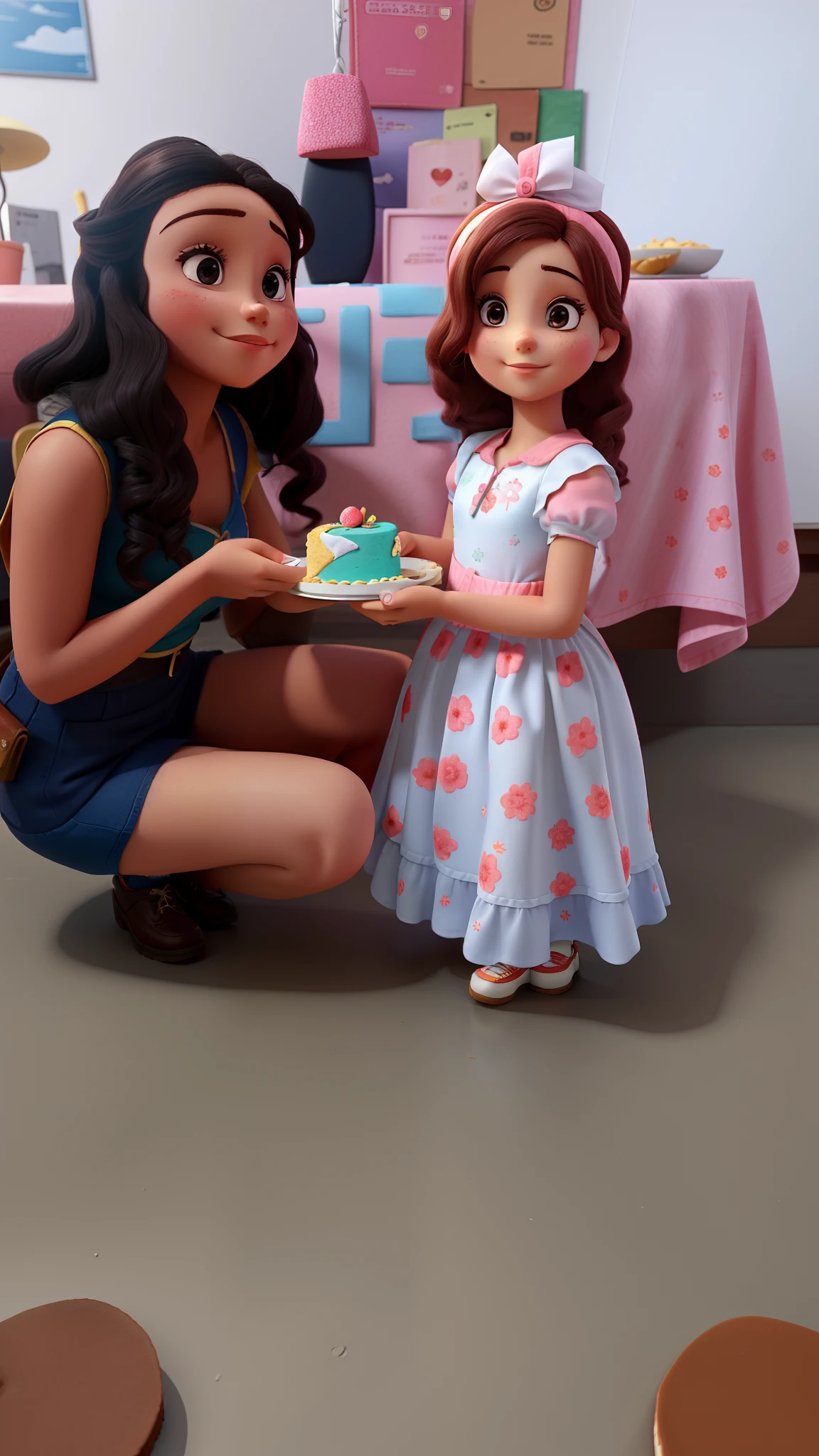 Mulher e menina. Girl giving a piece of cake to woman.