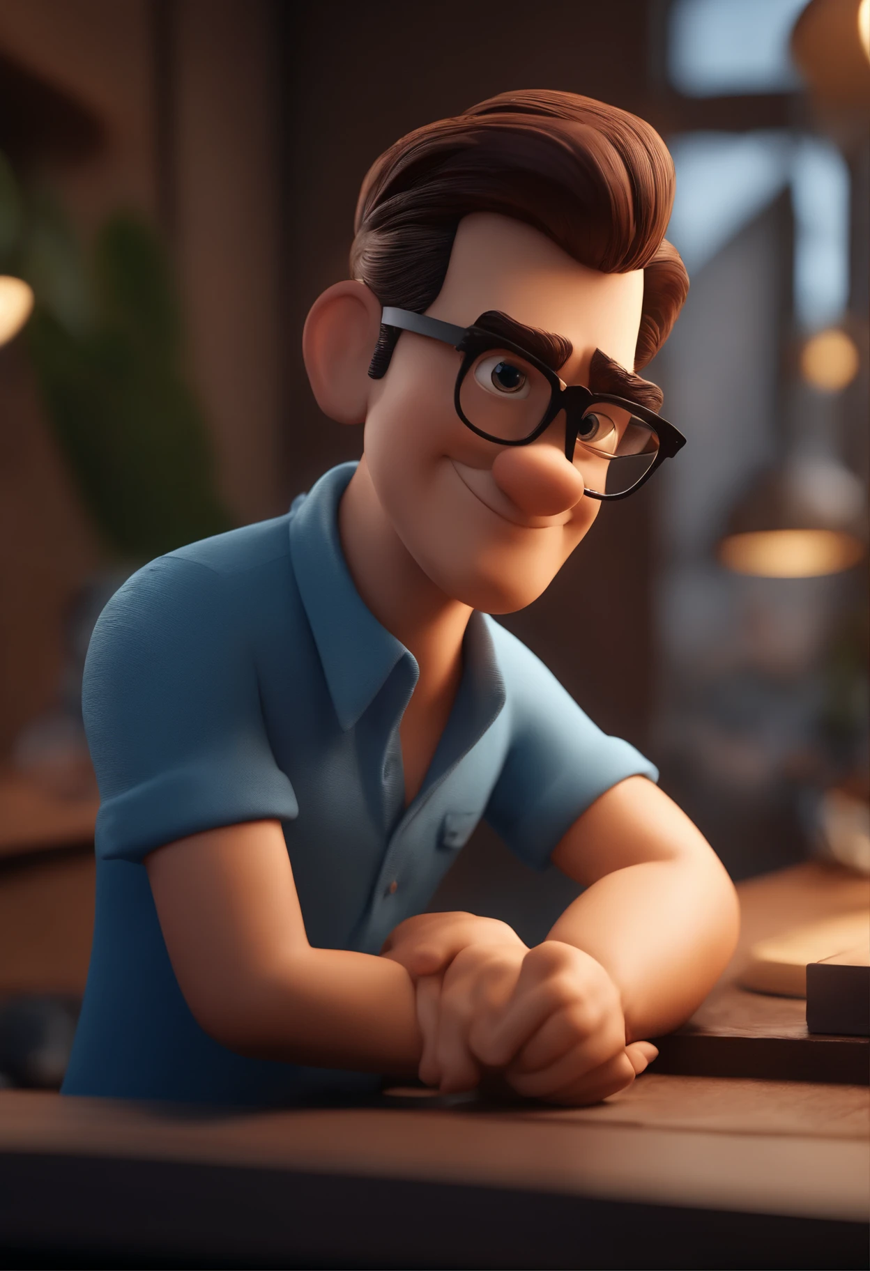 Cartoon character of a man with black glasses and a blue shirt, animation character, Caractere estilizado, animation style rendering, 3D estilizado, Arnold Maya render, 3 d render stylized, toon render keyshot, Personagem 3D, Personagem 3D, 3d rendering stylized, 3 d character render, personagem de desenho animado, Personagem de close up, Pose de personagem, (Estilo Pixar) (master part:1.2) (Bokeh) (best quality) (pele detalhada) (textura detalhada) (8k) (argila) (Cinematic lighting) (foco nítido