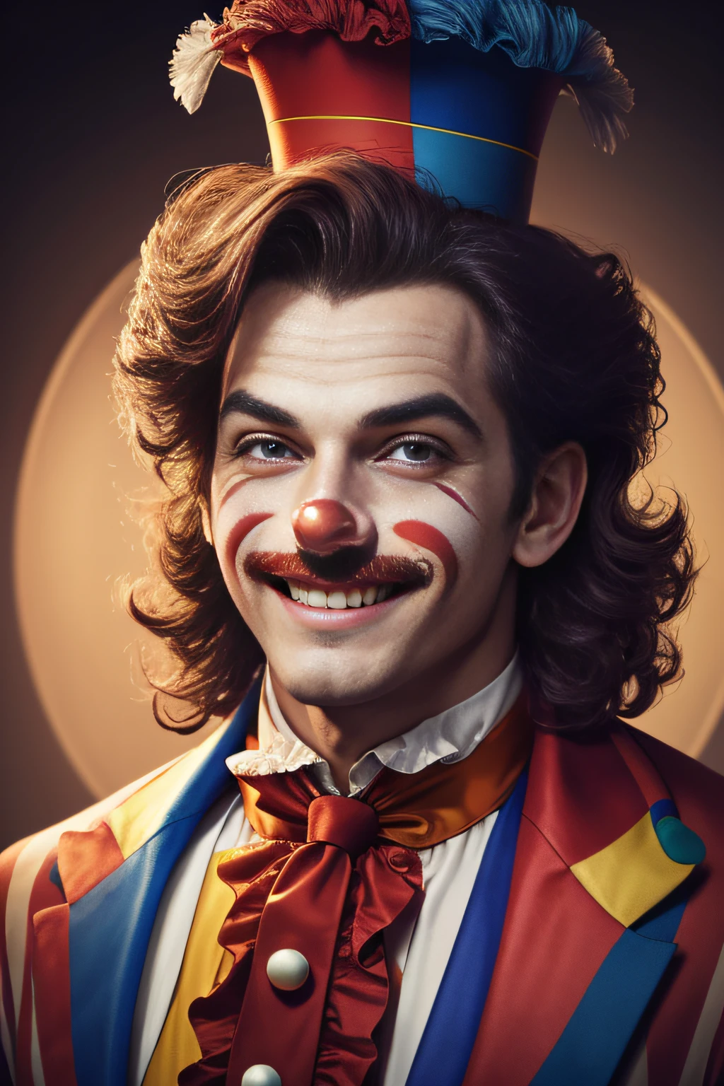 1 circus clown,uncanny, fake smile,sportrait ,4K Ultra HD, 超高分辨率, (Photorealistic: 1.4), Best quality,Masterpiece,(pastel colour:1.2)