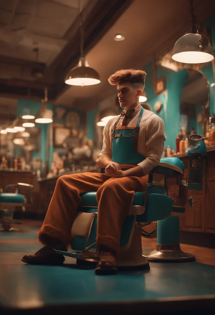 A dreamy barber inspired by Pixar animation, estrechamente. El personaje toma el centro del escenario con expresiones faciales cautivadoras, Ofreciendo un toque de irrealidad, Pelo corto y regordete degradado