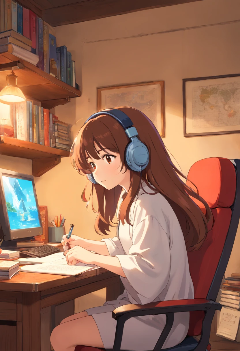 lofi wallpapers in 4k, broadly showing the room, sitting on the computer chair, studying, book open in front of her, wearing headphones, beautiful girl, long brown hair, image shows more of her body, shows more details of the room, brown eyes, more than showing the whites of his eyes, a duvet covering his body