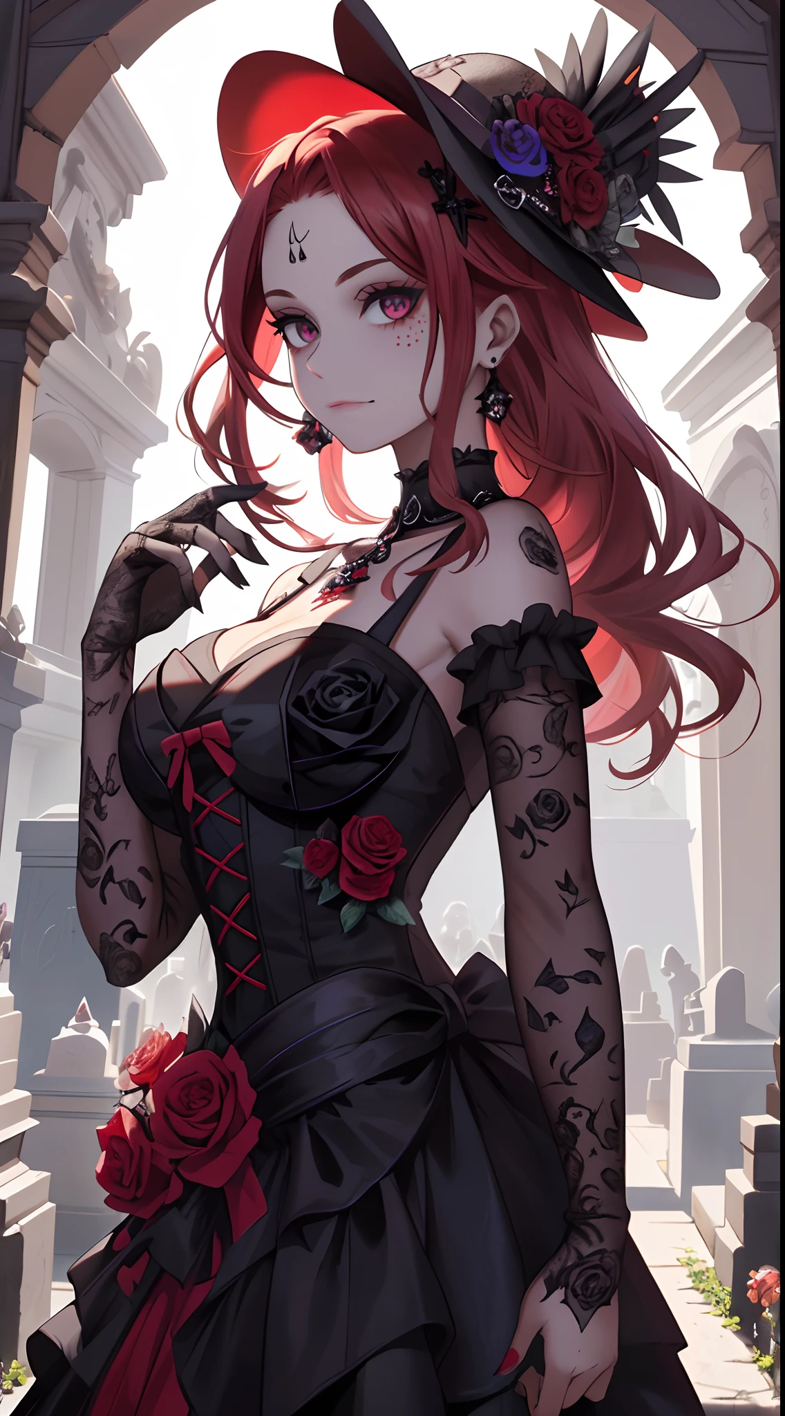 masterpiece, best quality, high resolution, 1girl, nilou (Genshin Impact), long hair, bangs, red hair, parted bangs, twin tails, nail polish, aqua eyes, very long hair, low twin tails, breasts , goth outfit, gothic makeup, dark lips, dark shadow dress, night dark skirt, goth lace socks, chained boots, cemetery, night, tombstone, tombstone nets, heavy atmosphere, Imperatrix