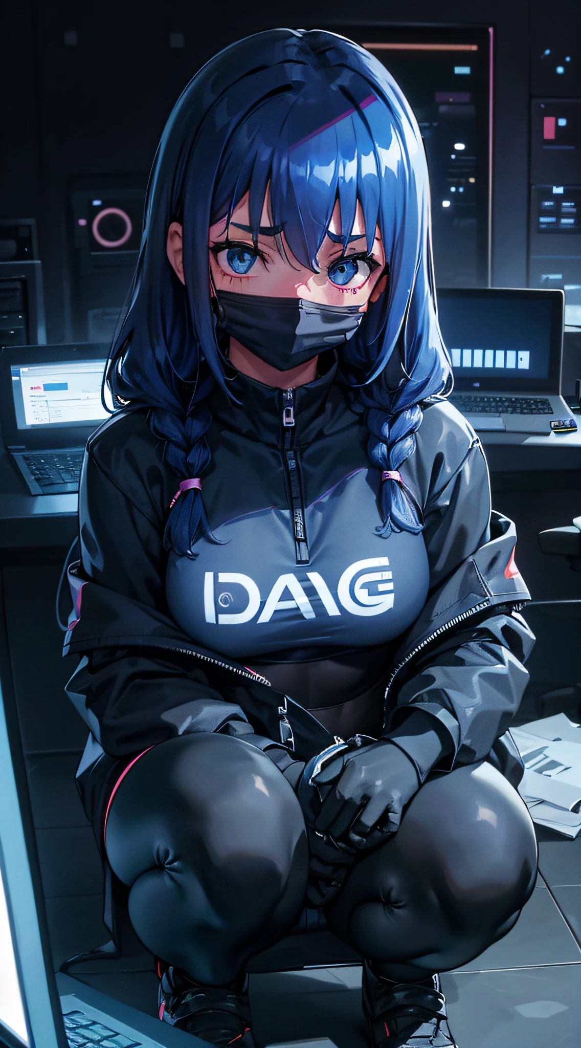 young girl with a mask, coding on a computer, hand in hair, hacker style, curvy, small breast, dark sweat croptop with logo, dark blue leggings, coding on a laptop, squatting, dark, a braid in hair, dark blue hair, computer, cable, retro, cyber, datacenter background, Dark blue theme, night
