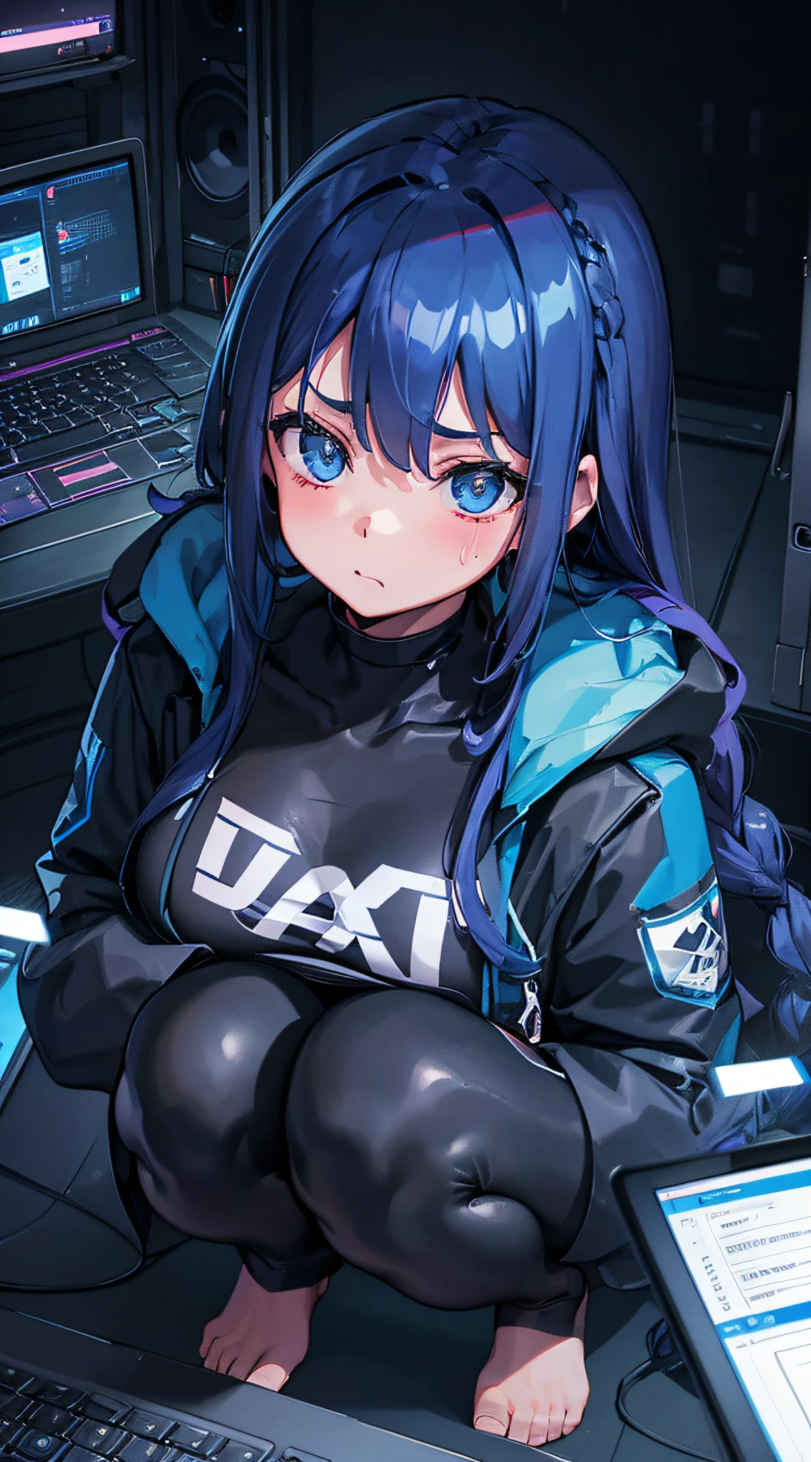 young girl with a mask, coding on a computer, hand in hair, hacker style, curvy, small breast, dark sweat croptop with logo, dark blue leggings, coding on a laptop, squatting, dark, a braid in hair, dark blue hair, computer, cable, retro, cyber, datacenter background, Dark blue theme, night