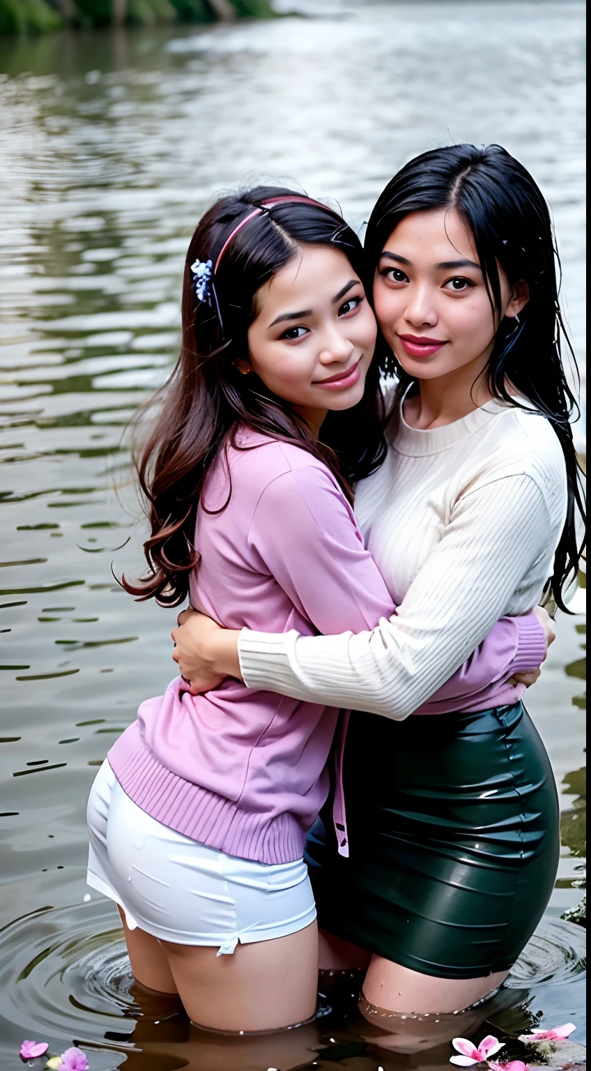 Two Malay women wearing hijaps, hugging in the water, bodies pressed together, ((lips touching)), romantic, lively, in the water up to their chests, masterpiece, best quality, highres, hmsl1, flower hijap, x hijap decoration, white sweater, purple jacket, flowers, long sleeves, open shirt, black ribbon, sleeves past the wrist, skirt, standing, soaked, drenched, ((wet clothes)), ((fully dressed)), splashed, soaked