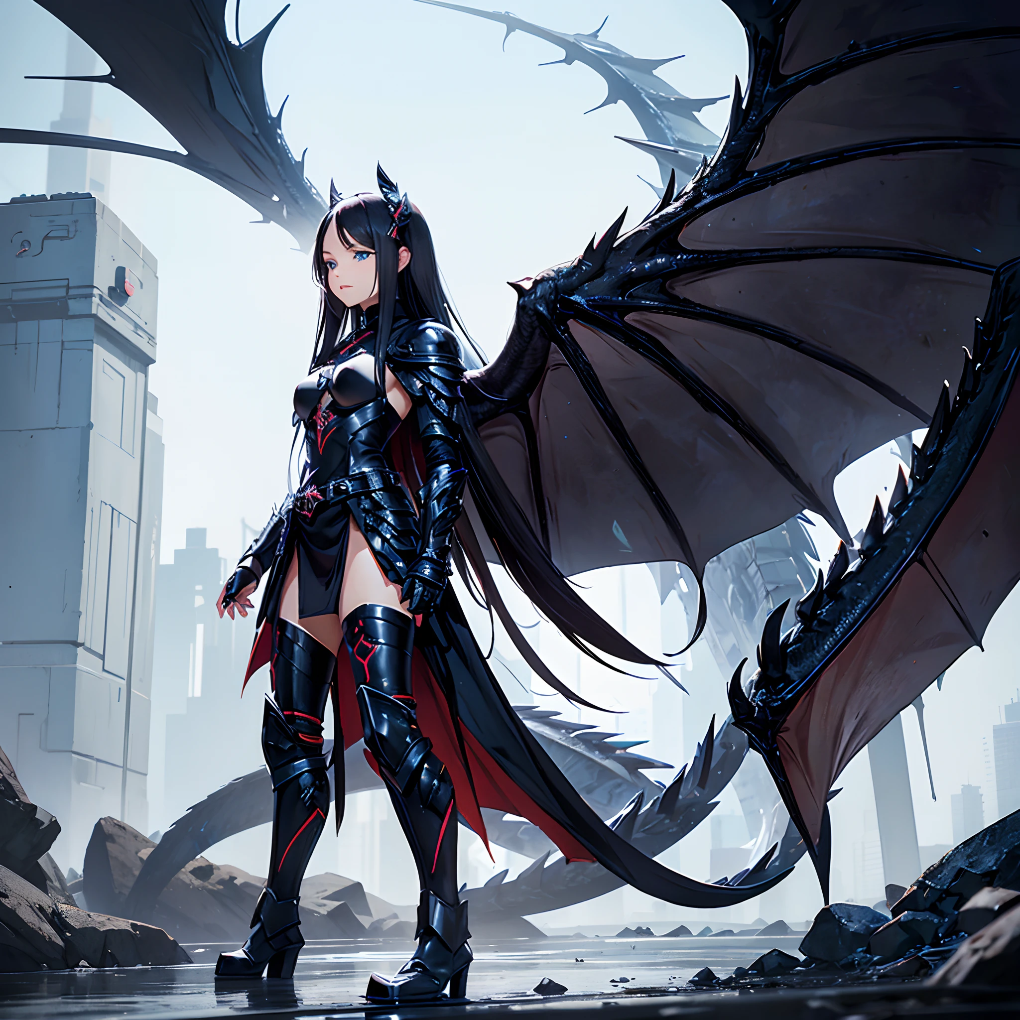 (full-body:1.1),beautiful long black hair,blue eyes,larger black wings,black dragon armor --auto