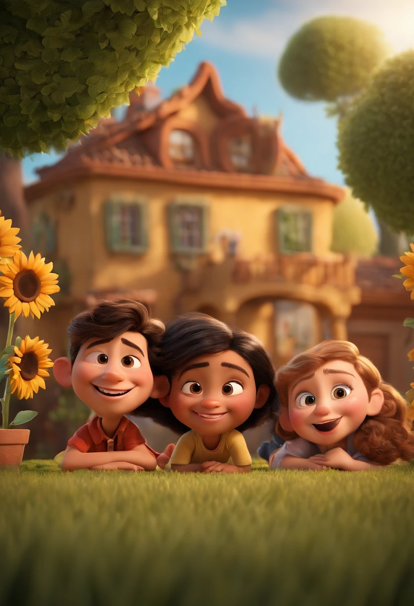 Create a Disney PIXAR-style 3D poster. ((centro da imagem, fami)), ((2 children)) ((1 menino no meio e 1 menina ao lado, They're hugging each other, O menino tem pele castanha e cabelos castanhos escuros e olhos castanhos escuros, 1 menina tem pele morena, olhos escuros e cabelos escuros e lisos)) ((tudo isso no estilo Disney PIXAR 3D, In the background, A house of sunflowers, Gloria Studio, The garden is full of nature 3D render RTX clay material, estilo de design cartunesco, POP Mart, soft lighting, linhas suaves, Spring tilt, Detailed illustrations of PIXAR 3D, Detalhes hiper-realistas, cor quente no estilo Disney PIXAR 3D))