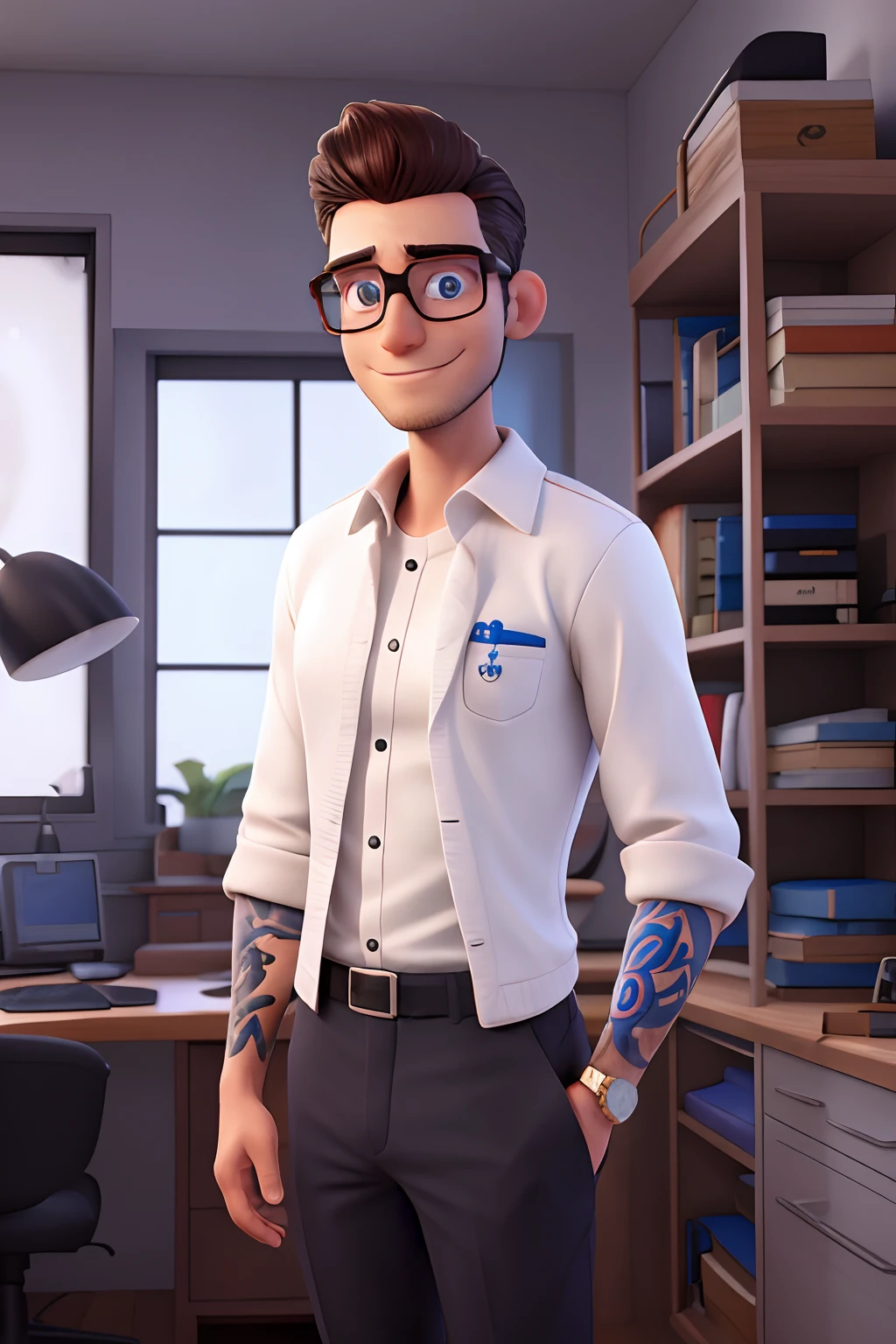 Handsome Slim Male Astrophysicist 38 years old, bone, cebelos curto, cabelos castanhos escuros olhos castanhos, white glasses, dentes brancos, Tattooed arms