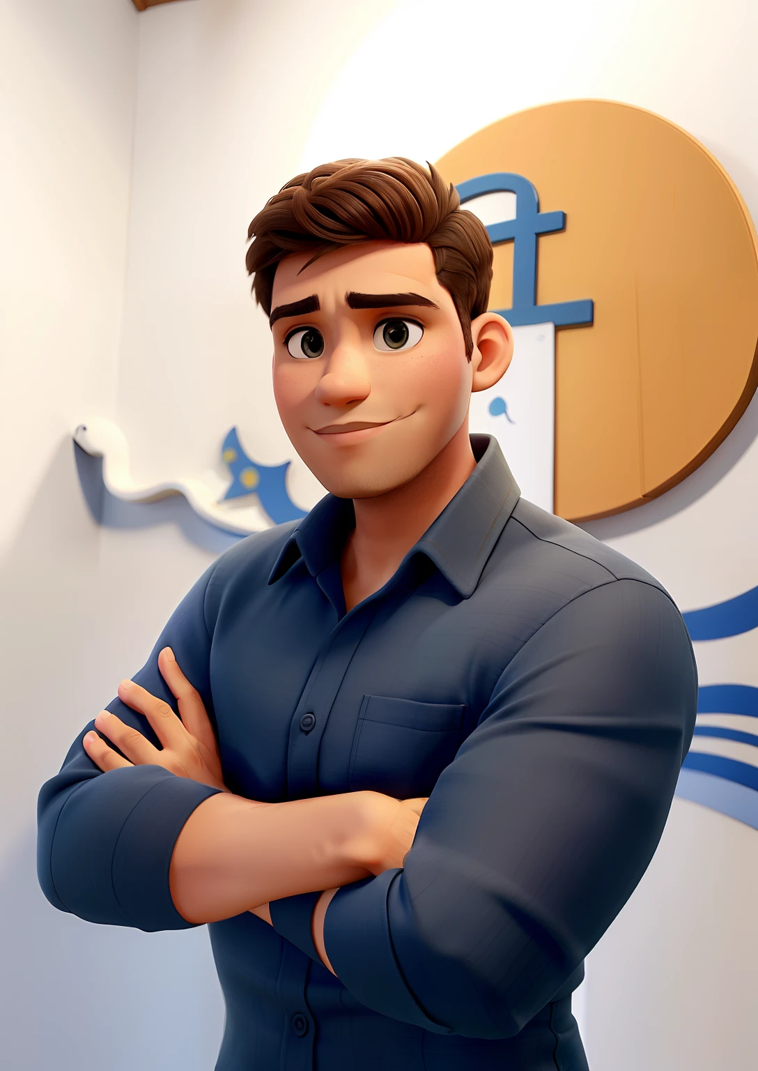 Um jovem bonito, arms crossed, com um olhar confiante, fransino, vestido com uma camisa social preta. Pousando em frente a uma parede branca com uma pintura de fundo