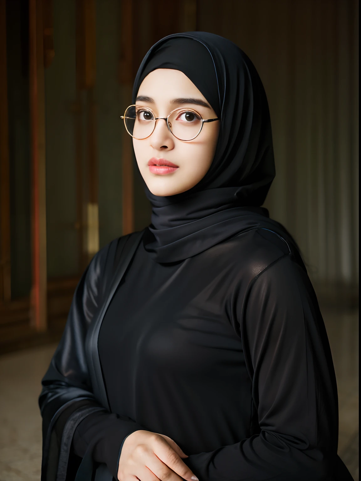 Woman taking off her black hijab and black shirt, Arab, eye glasses,Inspired by Nazmi Jiya Gran, hijab, promotional portrait, Inspired by Fatih Hassan, faridah malik, Ameera Al Taweel, Come Zaha, Ameera Al Taweel, headshot profile photo, Arab Ameera al-Tawir, face is wrapped in a black scarf