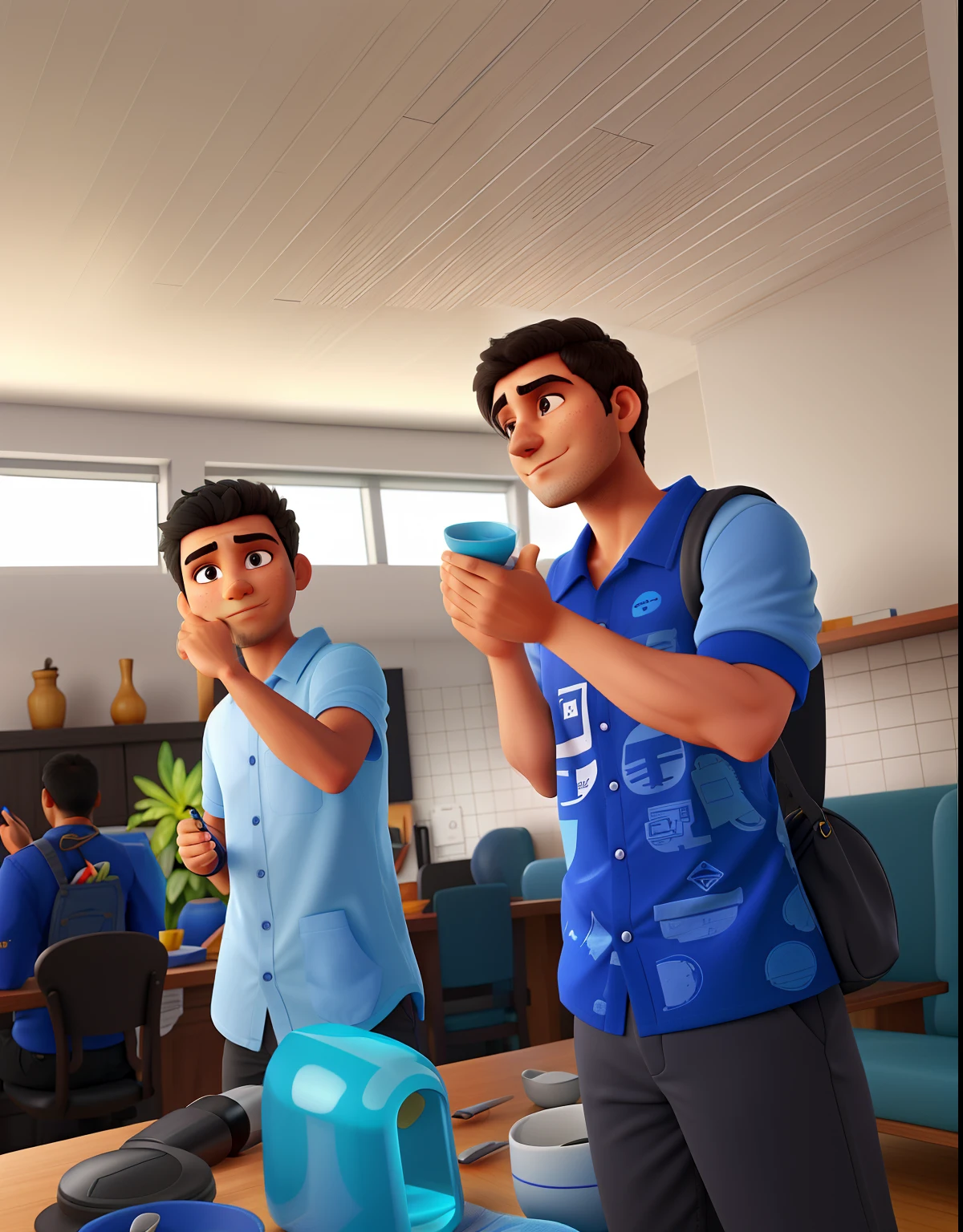Adicionar fundo azul, destacar rosto, colocar legenda intitulada (Pestle Hand), adicionar detalhes as camisaa