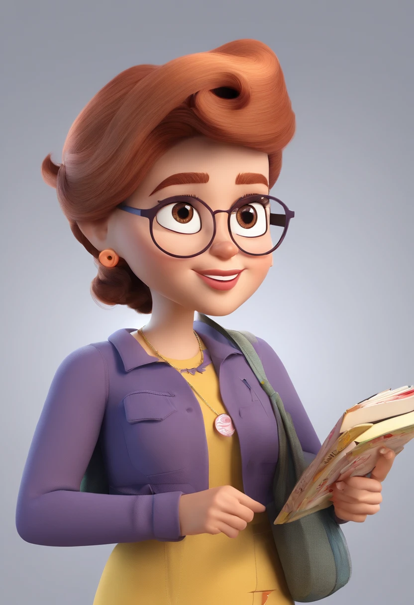 Estilo Pixar: uma mulher adulta, morena, de cabelos curtos enrolados, bespectacled, 3D,Disney