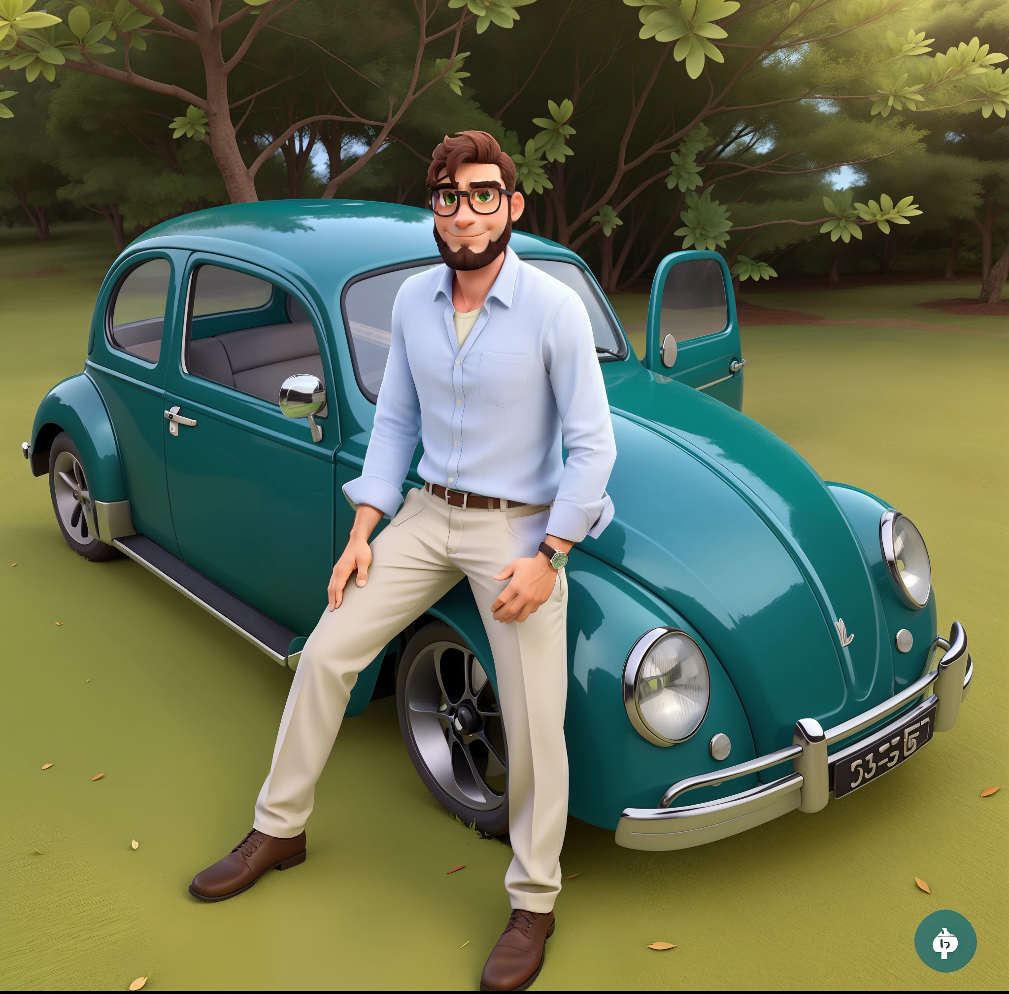 Homem, loiro, com barba, oculos escuros, encostado no fusca verde