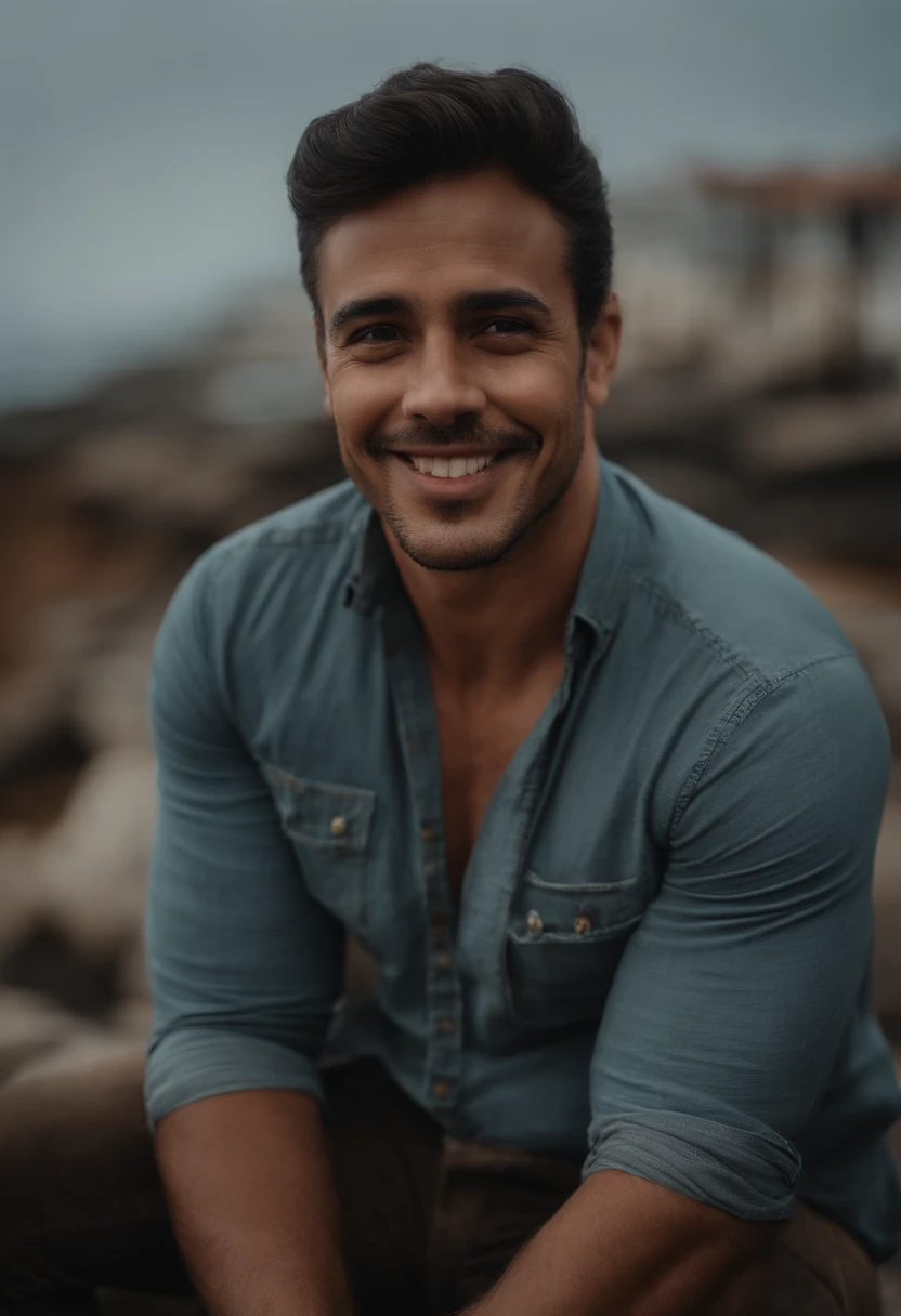 homen de 35 anos, estilo Disney pixar, 1,88m pele morena clara, olhos castanhos claros, sem barba, cabelo semi raspados, Black shirt with suspenders, skine jeans, Strong body on average 100kg, Golden chain around his neck and cheerful smile, olhos bem vivos, ambiente da foto um dia ensolarado com o farol da barra em salvador como paisagem de fundo, pessoas transitando tranquilamente com a imagem lentamente desfocada.