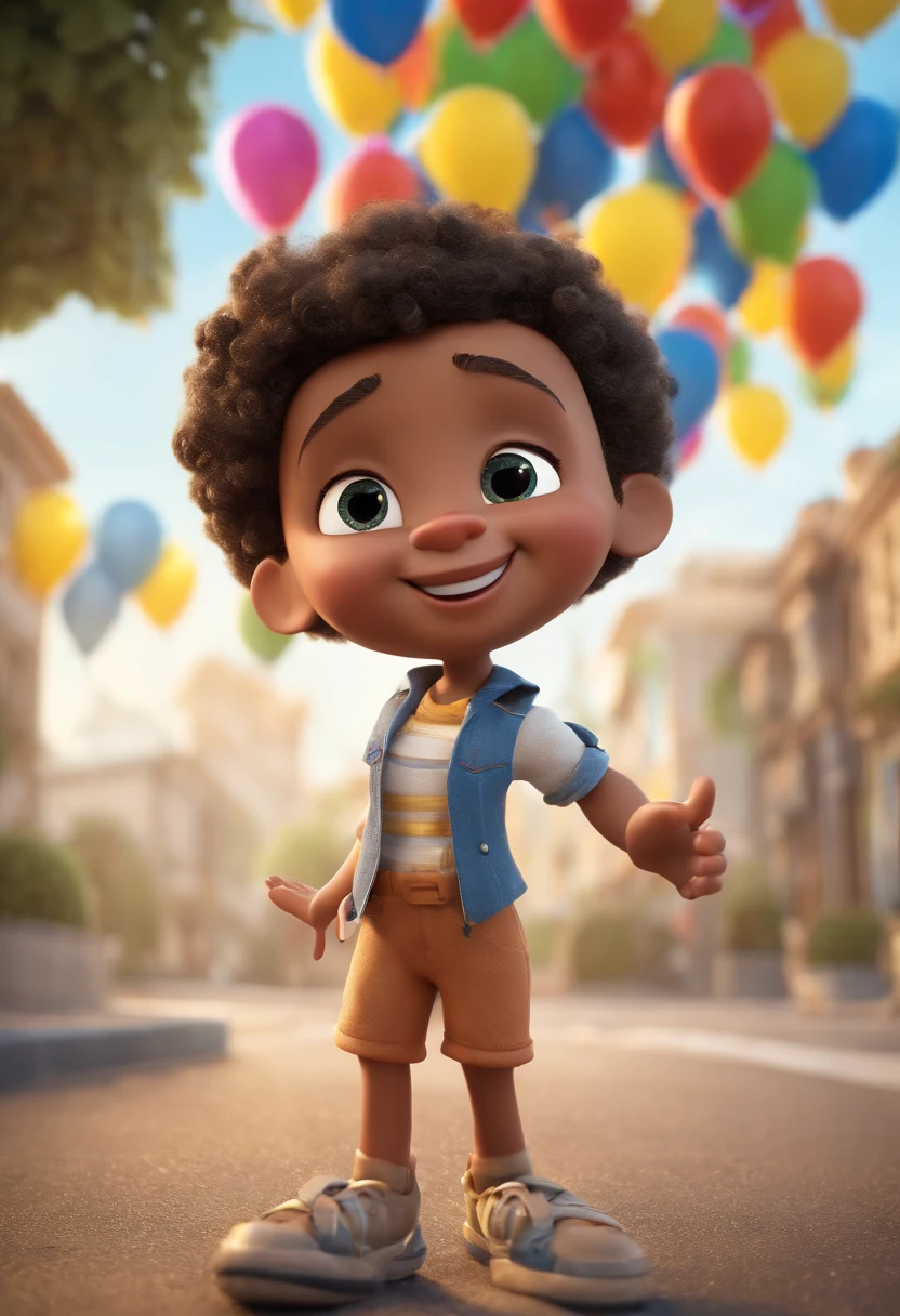 personagem dos desenhos animados de um uma mulher maquiadora com camisa dourada, cabelos pretos ondulados, pele clara e olhos castanhos, plano de fundo numa rua de Salvador Bahia , Include commemorative balloons in 10k format in silver color, animation character, Caractere estilizado, animation style rendering, 3D estilizado, Arnold Maya render, 3 d render stylized, toon render keyshot, Personagem 3D, Personagem 3D, 3d rendering stylized, 3 d character render, personagem de desenho animado, Personagem de close up, Pose de personagem, (Estilo Pixar) (master part:1.2) (Bokeh) (best quality) (pele detalhada) (textura detalhada) (8k) (argila) (Cinematic lighting) (foco nítido)