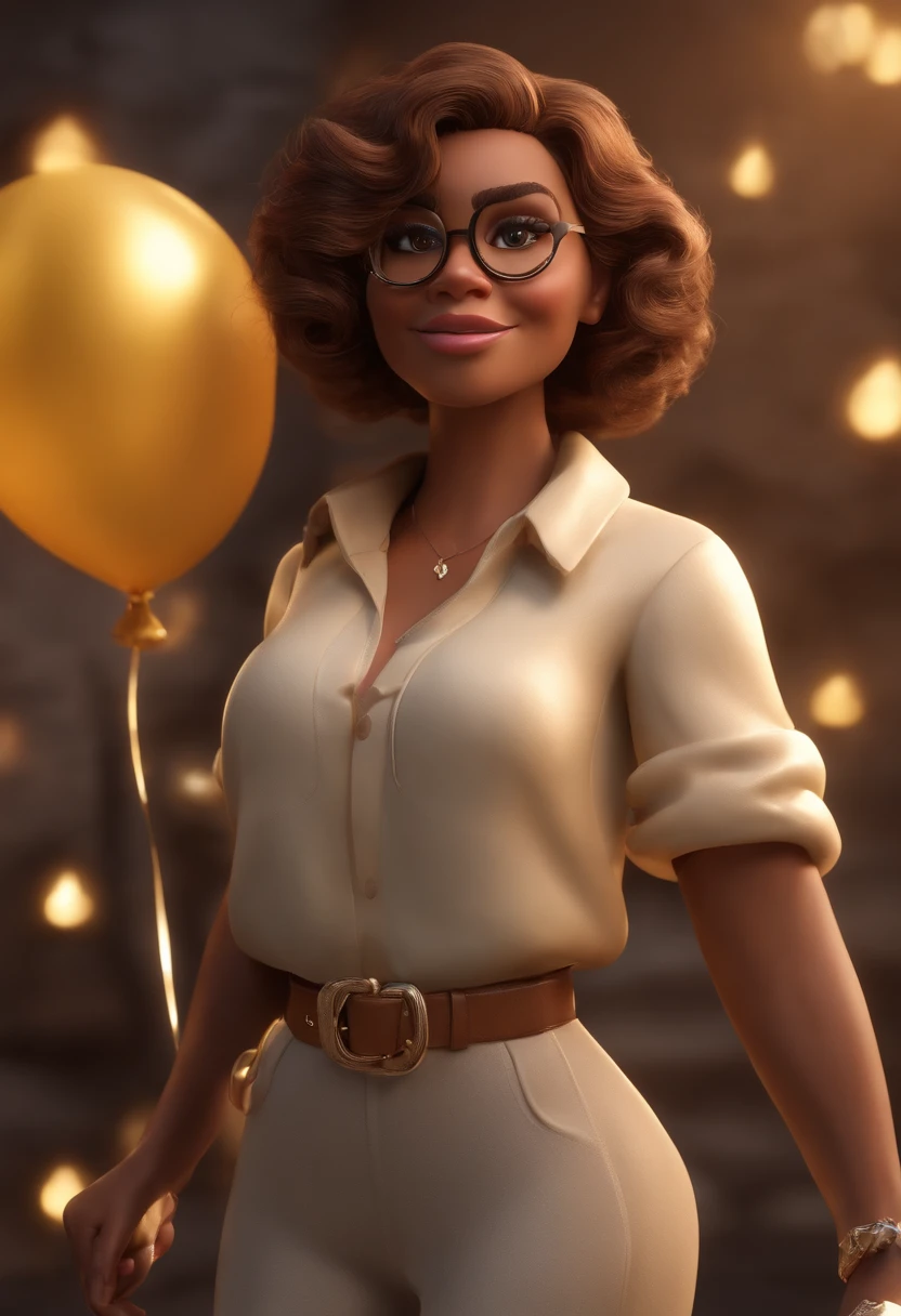 personagem dos desenhos animados de um uma mulher maquiadora com camisa dourada, cabelos pretos ondulados, pele clara e olhos castanhos, plano de fundo numa rua de Salvador Bahia , Include commemorative balloons in 10k format in silver color, animation character, Caractere estilizado, animation style rendering, 3D estilizado, Arnold Maya render, 3 d render stylized, toon render keyshot, Personagem 3D, Personagem 3D, 3d rendering stylized, 3 d character render, personagem de desenho animado, Personagem de close up, Pose de personagem, (Estilo Pixar) (master part:1.2) (Bokeh) (best quality) (pele detalhada) (textura detalhada) (8k) (argila) (Cinematic lighting) (foco nítido)