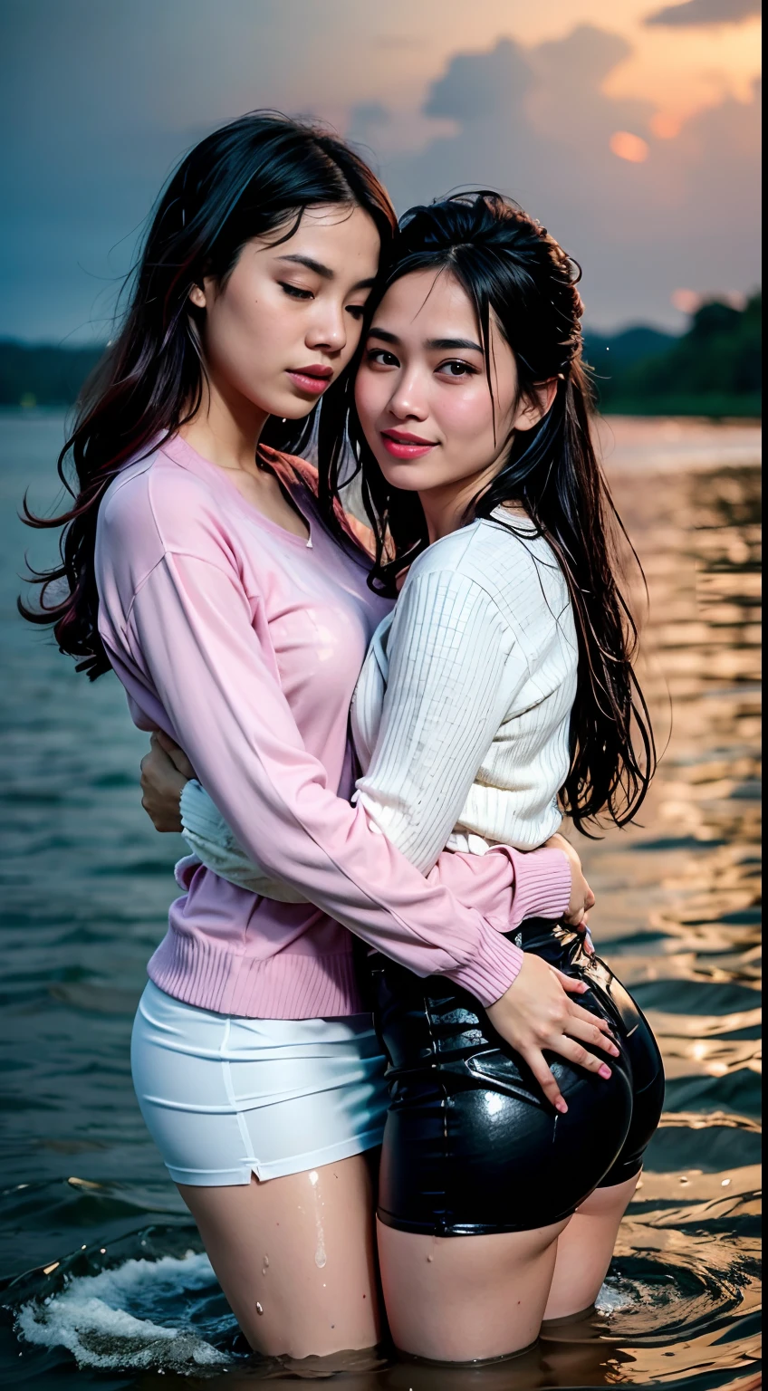 Two Malay women wearing hijaps, hugging in the water, bodies pressed together, ((lips touching)), romantic, lively, in the water up to their chests, masterpiece, best quality, highres, hmsl1, flower hijap, x hijap decoration, white sweater, purple jacket, flowers, long sleeves, open shirt, black ribbon, sleeves past the wrist, skirt, standing, soaked, drenched, ((wet clothes)), ((fully dressed)), splashed, soaked