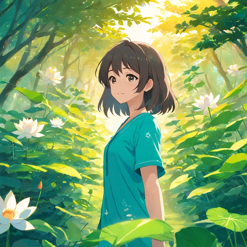 melhor qualidade de imagem,Garotinho bonito anime,boca aberta,rindo muito feliz,Laugh heartily among the lotus bushes,Departamento de Cura,Sky blue sky with turquoise lotus leaves