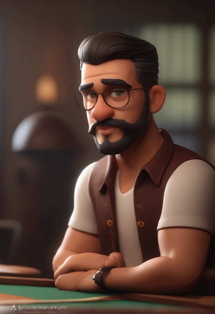 Personagem de desenho animado de um homem, camisa polo preta, cabelo liso, With beard and old school tattoo on his arm, animation character, Caractere estilizado, animation style rendering, 3D estilizado, Arnold Maya render, 3 d render stylized, toon render keyshot, Personagem 3D, Personagem 3D, 3d rendering stylized, 3 d character render, personagem de desenho animado, Personagem de close up, Pose de personagem, (Estilo Pixar) (master part:1.2) (Bokeh) (best quality) (pele detalhada) (textura detalhada) (8k) (argila) (Cinematic lighting) (foco nítido