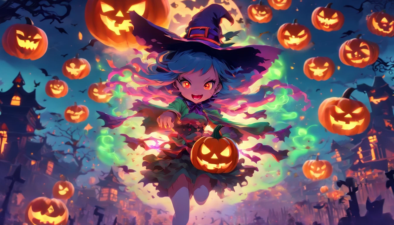 Halloween background in China，There's pumpkin weirdness，zombi，little witch girl，Chinese elements