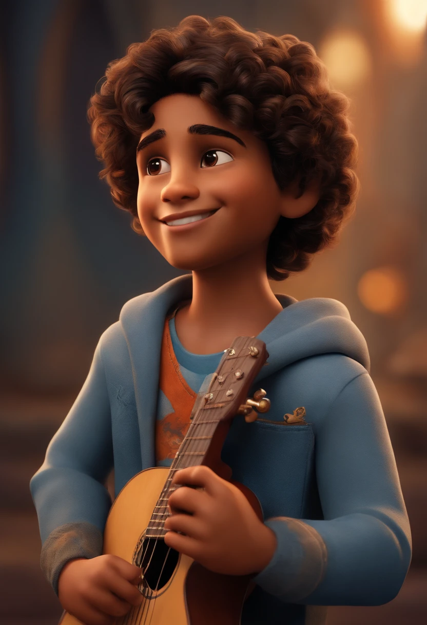 crie um banner no estilo Pixar. A boy with Indian features, moreno pardo com cabelos curtos, Castanhos escuros, Curly and slightly grayish appearance, mas jovem, usando uma camiseta, Wearing jeans and holding a classical guitar with 7 strings.