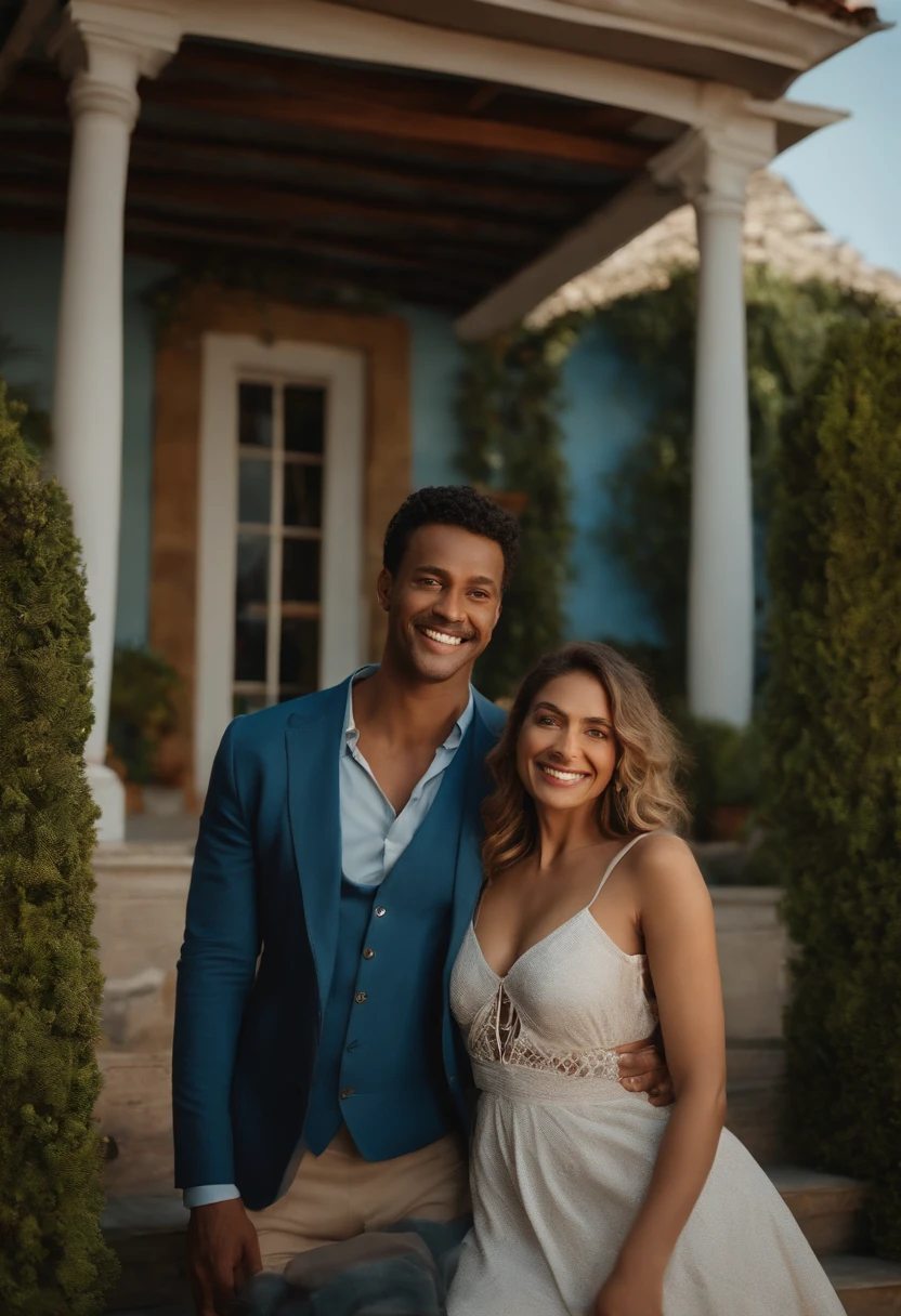 Smiling couple taking selfie in front of a house with blue sky, Directed by: Nandor Soldier, Directed by: Willian Murai, both smiling for the camera, Ashteroth, Directed by: Emerson Silva, com pele parda, Directed by: CeFerí Olivé, vacation photo, suave em _ O pano de fundo, Directed by: Herbert MacNair, Directed by: Andrée Ruellan