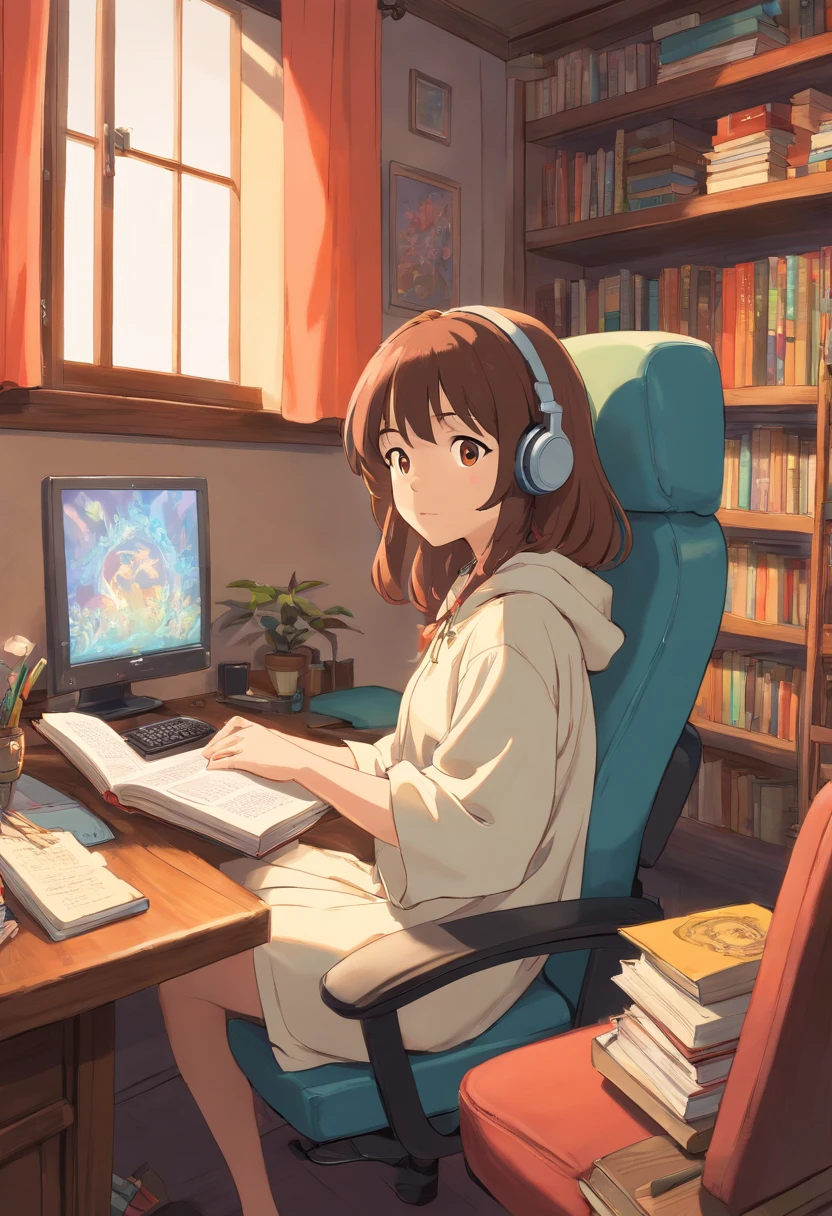 lofi wallpapers in 4k, broadly showing the room, manages me the same girl, sitting on the computer chair, studying the book open in front of her, wearing headphones, pretty girl, long brown hair, image shows more than his body, shows more details of the room, brown eyes, more than showing the whites of his eyes, a duvet covering his body