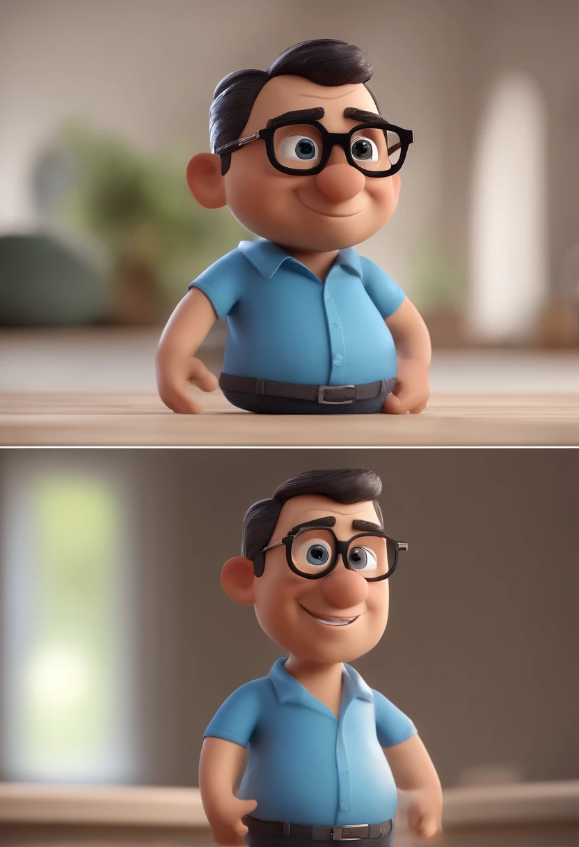 Cartoon character of a man with black glasses and a blue shirt, animation character, Caractere estilizado, animation style rendering, 3D estilizado, Arnold Maya render, 3 d render stylized, toon render keyshot, Personagem 3D, Personagem 3D, 3d rendering stylized, 3 d character render, personagem de desenho animado, Personagem de close up, Pose de personagem, (Estilo Pixar) (master part:1.2) (Bokeh) (best quality) (pele detalhada) (textura detalhada) (8k) (argila) (Cinematic lighting) (foco nítido