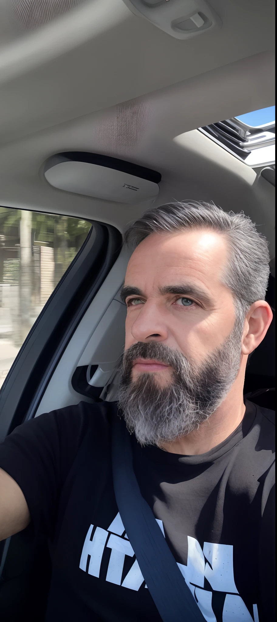 there is a man sitting in the back seat of a car, Homens de 45 anos, Homem de 4 0 anos, Homem de 5 0 anos, gui guimaraes, alguns cabelos grisalhos na barba, cerca de 3 5 anos, barba grisalha, (38 anos), cabelos grisalhos e barba, 38 anos, ele tem barba e cabelos grisalhos