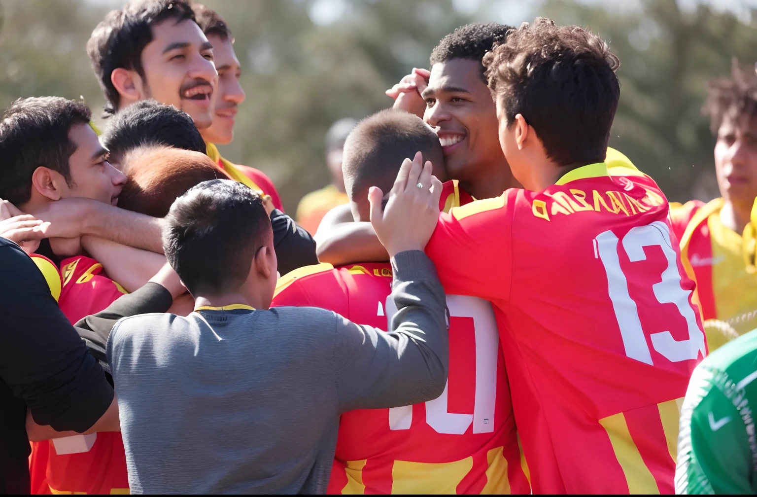 Players in red and yellow jerseys are congratulating each other, comemorar gol, album photo, celebration, parecendo feliz, Rapazes, master part!!!, master part!!, Jonas Roscinas, !!Beautiful!!, description, 1614572159, Premiado, Premiado - Premiado, master part!, master part!!!!, Premiados, slide show, miniatura