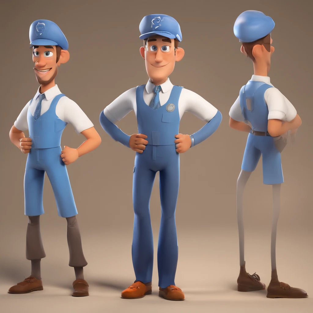 Criar um personagem no estilo Pixar. Trata-se de um homem de 30 anos, com barba, Branco, com cabelos castanhos curtos e um quiff, e olhos castanhos. Ele deve estar na frente de um computador, Trabalhar como designer