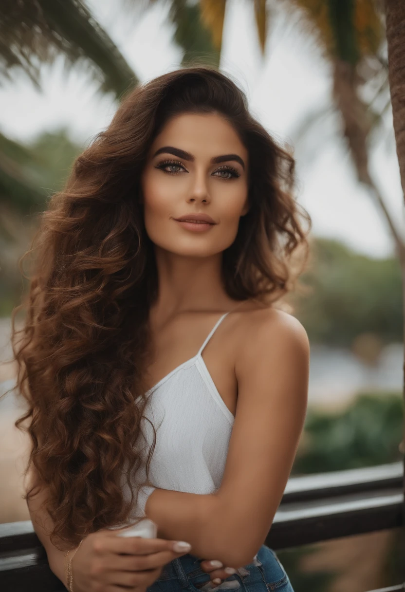 Mulher com regata e jeans,  com olhos castanhos escuros, Retrato latino, cabelos loiros e olhos grandes, selfie de uma jovem mulher, Maquiagem natural, Look directly at the camera, Rosto com Artgram, dezentes Maquiagem, Great full body photo, em um quarto, ajoelhado na cama, Fission, 4k, Cabelos lisos, Olhos de Dubai, sem maquiagem, with a cell phone in hand, cabelo amarrado,
