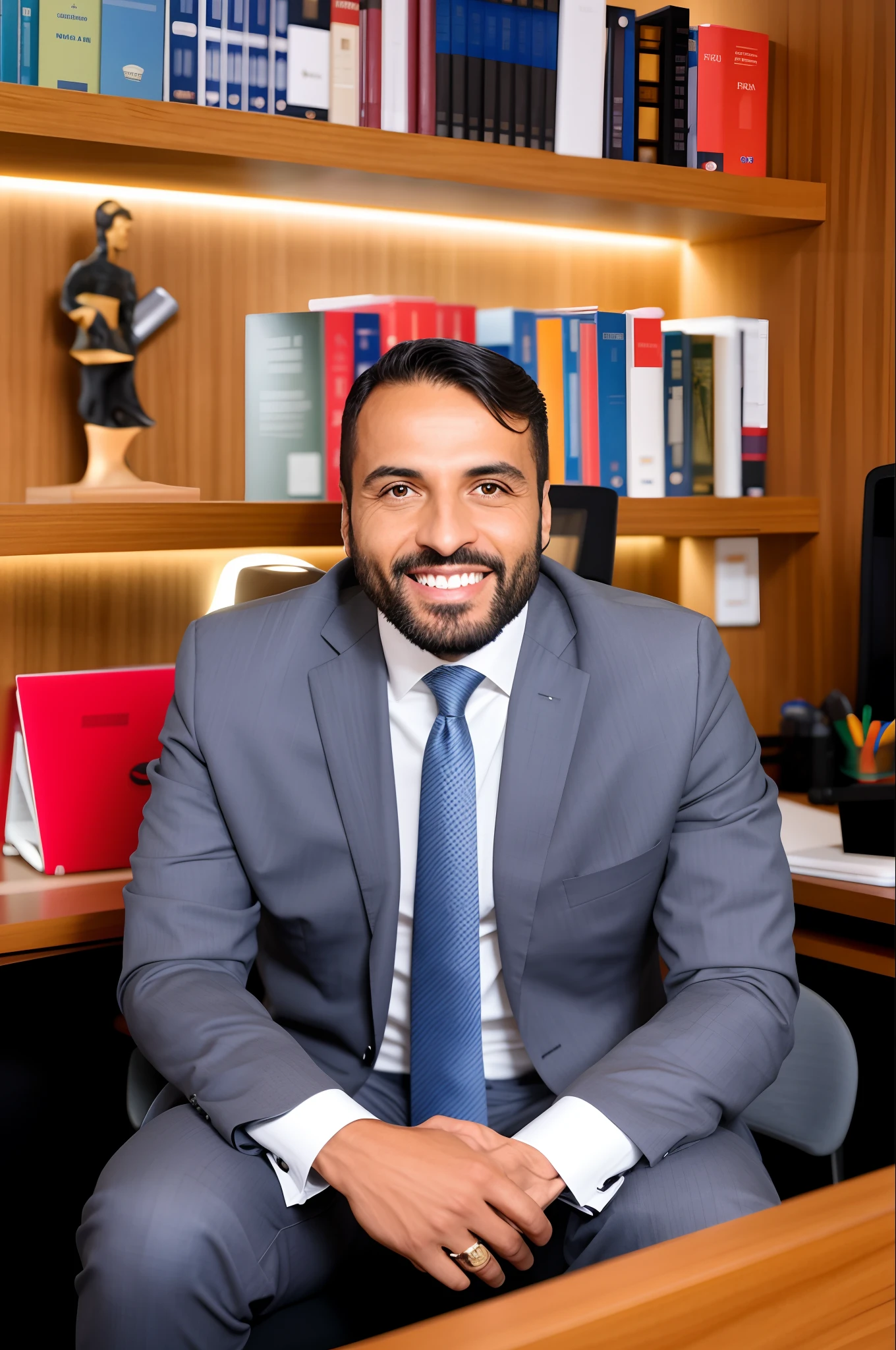smiling man in a suit sitting in front of a desk with a computer, david rios ferreira, icaro carvalho, sam nassour, edu souza, elias chatzoudis, nekro petros afshar, kurdish lawyer, Henry Alvim Correa, alex miranda, by Felipe Seade, hicham habchi, ahmad merheb