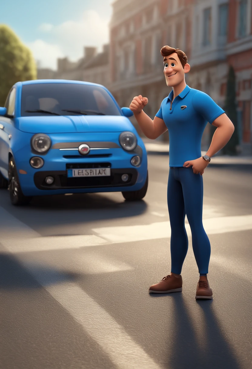 cartoon character of a man with blue pants and black shirt in front of a black Fiat Oggi css car animation character, Caractere estilizado, animation style rendering, 3D estilizado, Arnold Maya render, 3 d render stylized, toon render keyshot, Personagem 3D, Personagem 3D, 3d rendering stylized, 3 d character render, personagem de desenho animado, Personagem de close up, Pose de personagem, (Estilo Pixar) (master part:1.2) (Bokeh) (best quality) (pele detalhada) (textura detalhada) (8k) (argila) (Cinematic lighting) (foco nítido